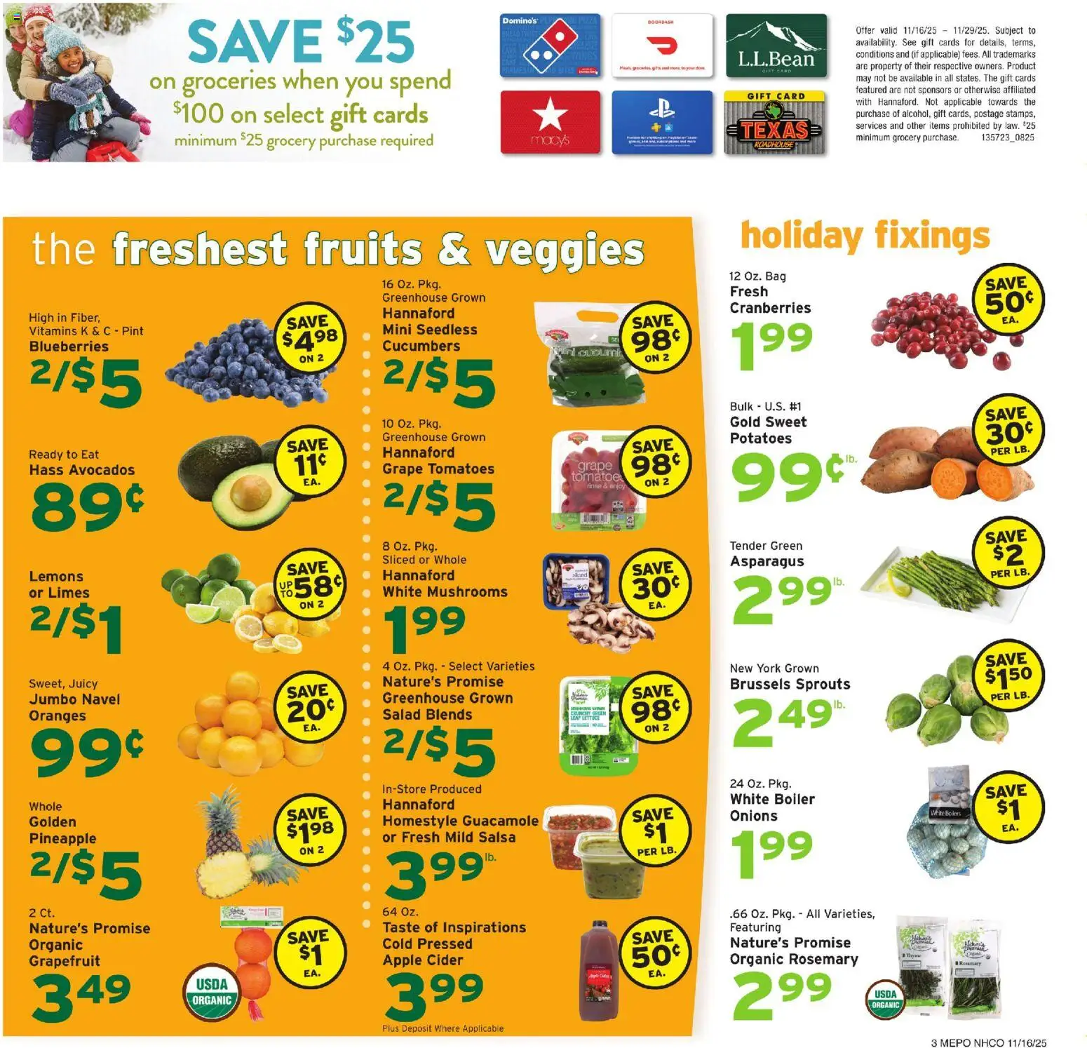 Hannaford Weekly Ad - valid from 16.11.2025 | Page: 3 | Products: Cider, Lettuce, Brussels Sprouts, Potatoes