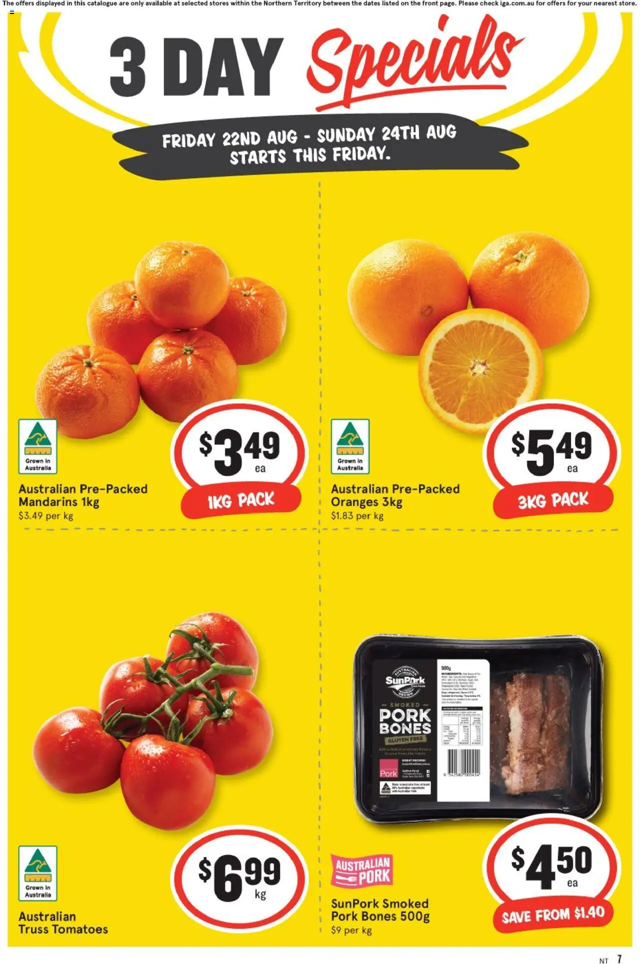 IGA catalogue - valid from 22.08.2025 | Page: 1 | Products: Pork, Oranges, Tomatoes, Mandarins