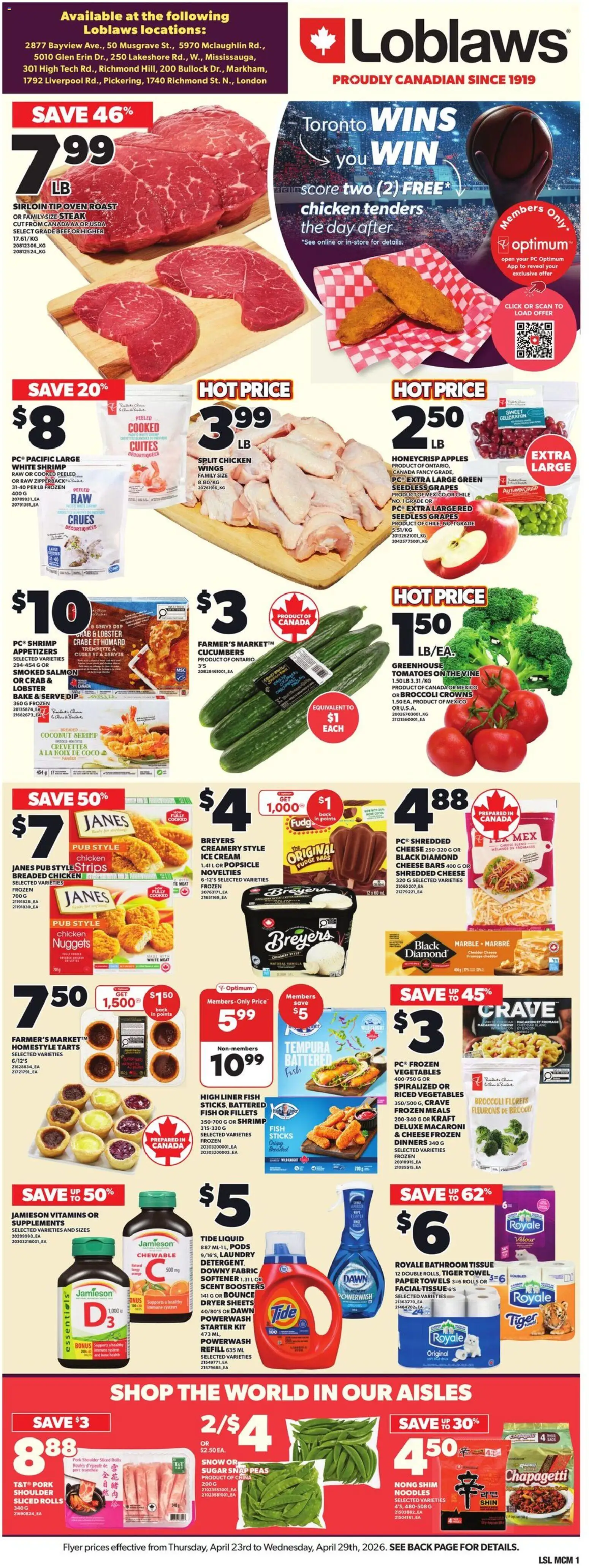 Loblaws flyer valid from 23.04.2026 | Page: 4 | Products: Fish, Noodles, Dryer, Tomatoes