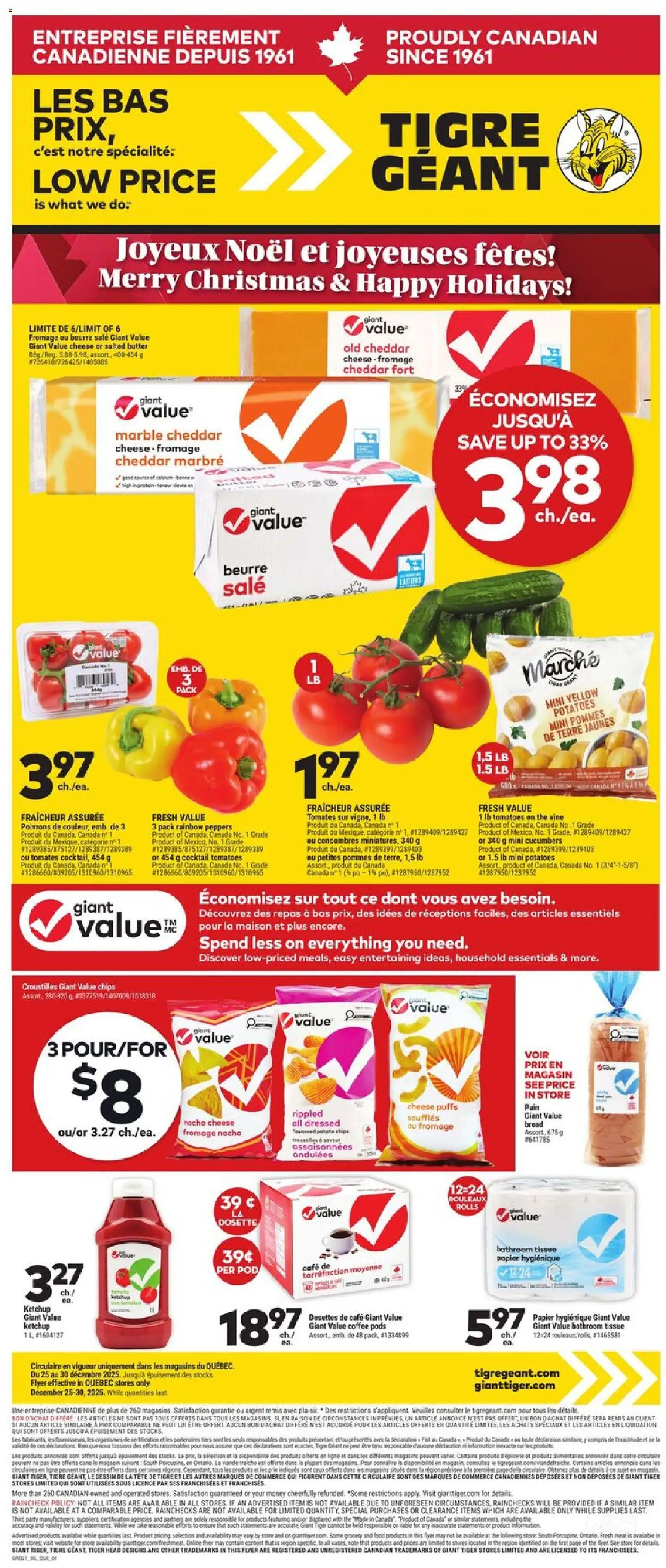Giant Tiger flyer valid from 25.12.2025 | Page: 1 | Products: Potatoes, Bread, Wine, Tomatoes