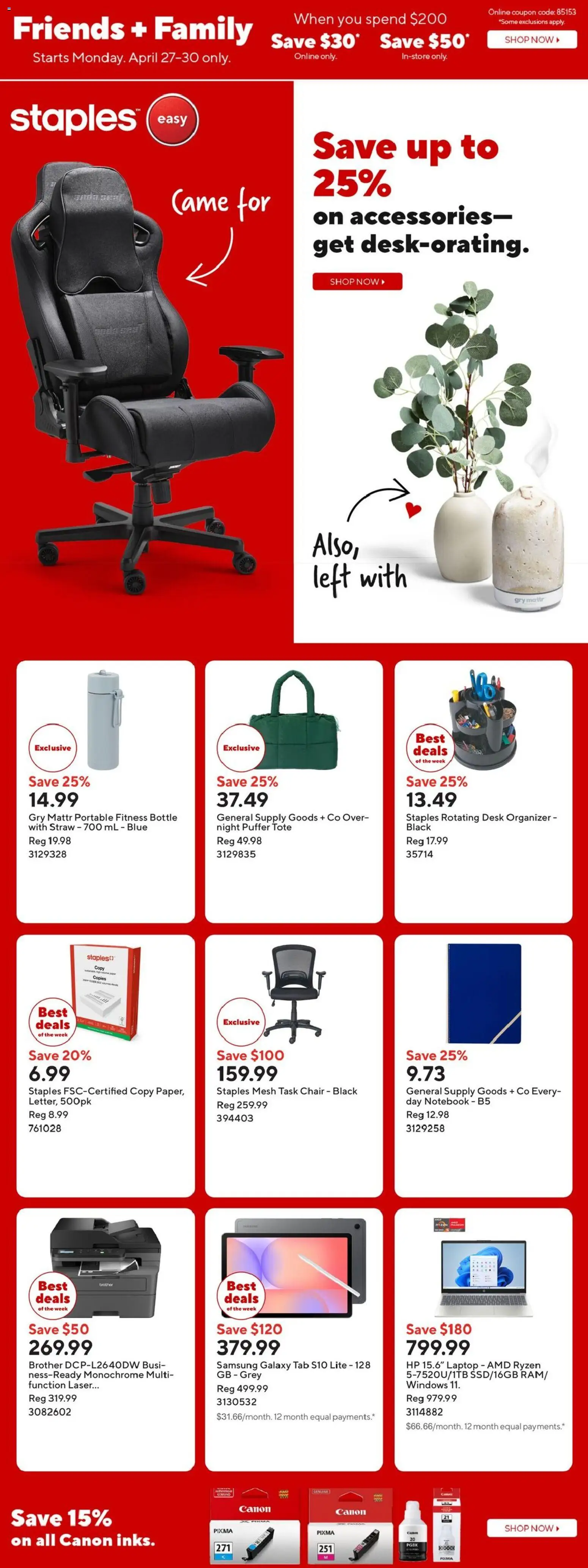 Staples flyer valid from 24.04.2026 | Page: 1 | Products: Notebook, Chair