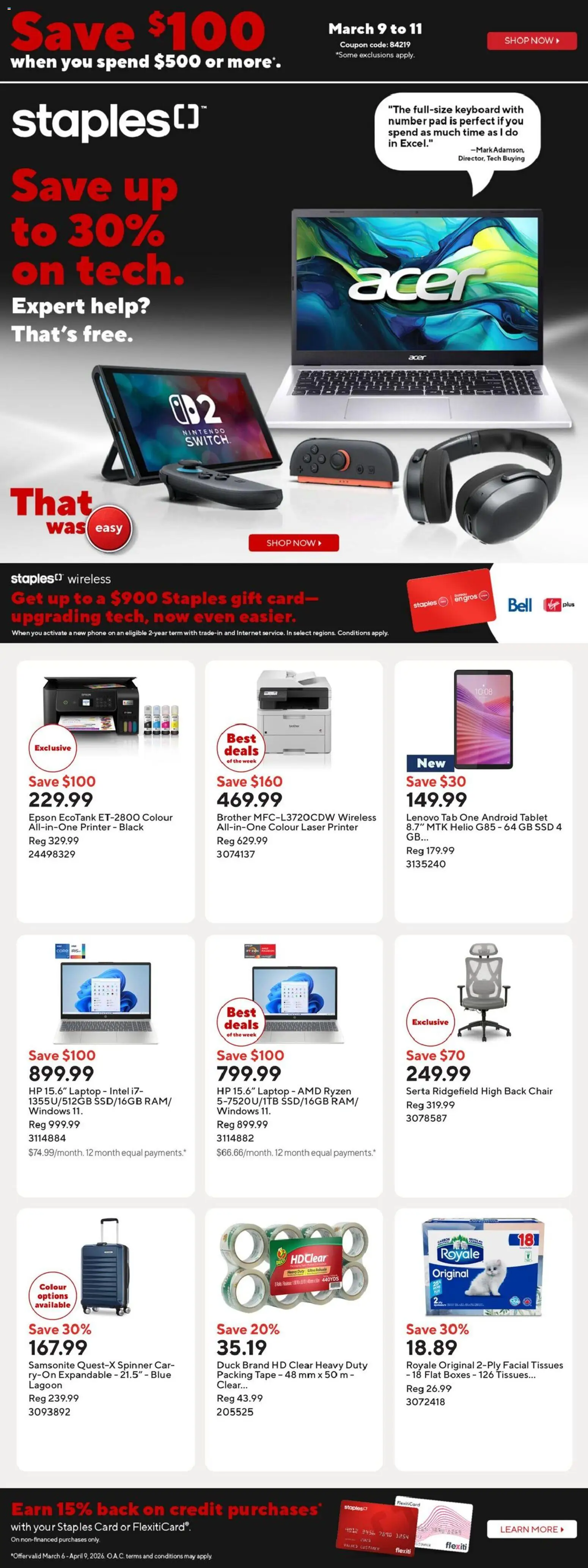 Staples flyer valid from 06.03.2026 | Page: 1 | Products: Tablet, Printer, Keyboard, Chair