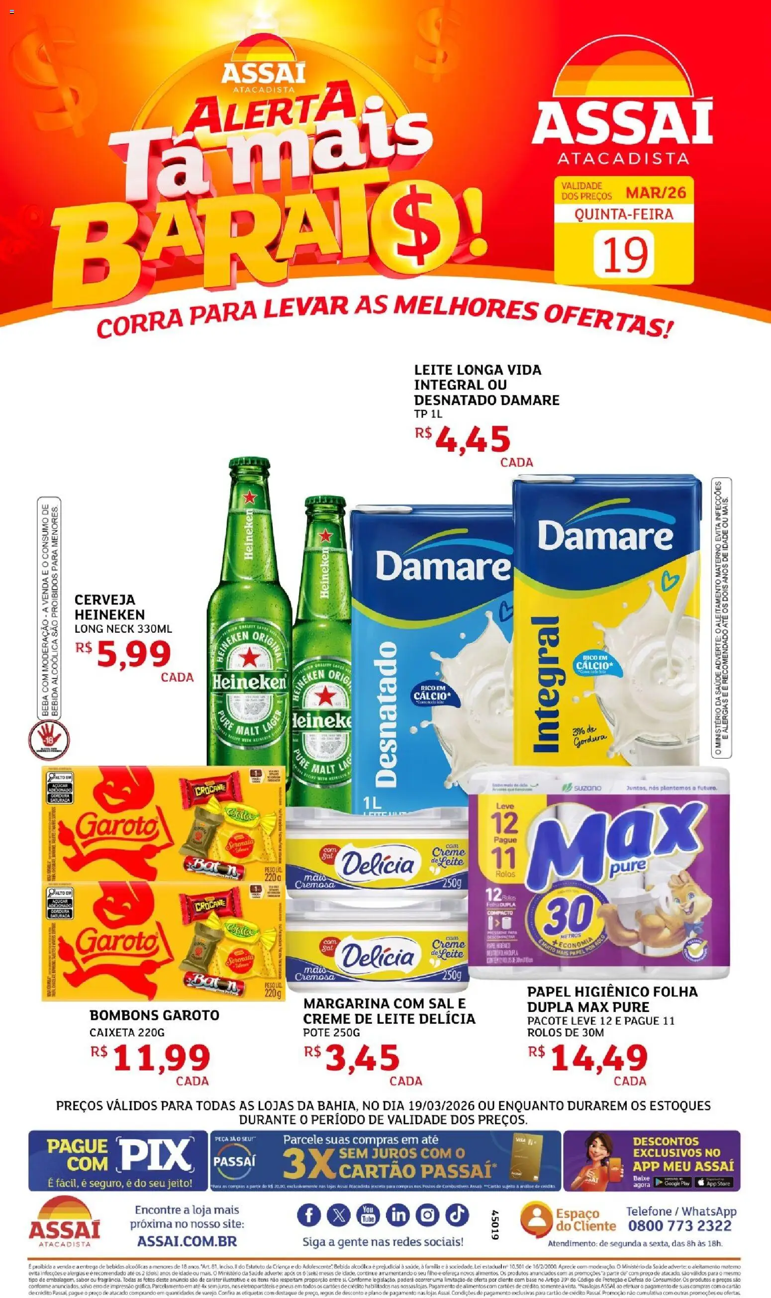 Assaí Atacadista Folheto - válido de 19.03.2026 | Página: 1 | Produtos: Leite, Cerveja, Heineken, Papel higiênico
