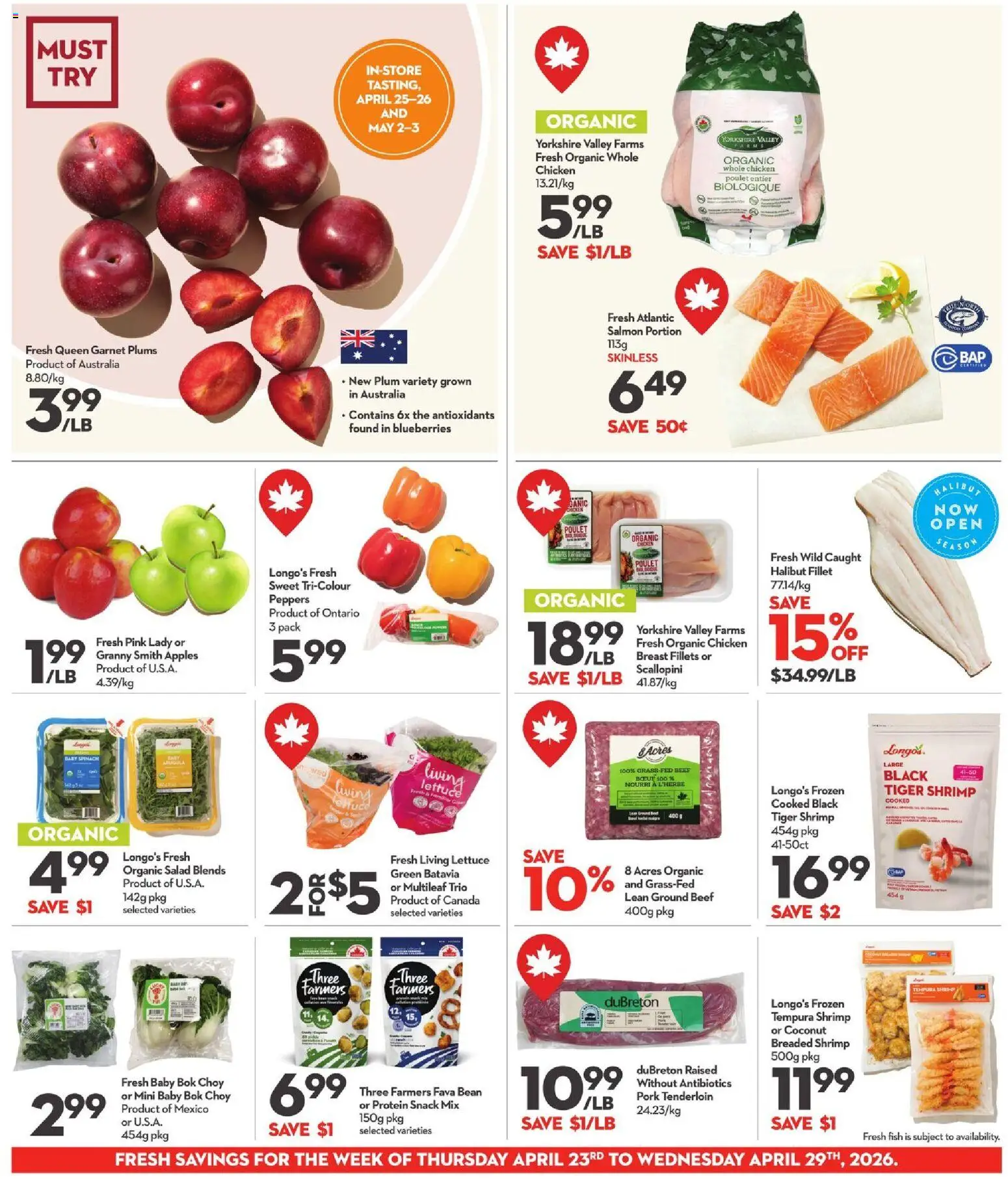 Longo's flyer valid from 23.04.2026 | Page: 5 | Products: Beef, Salad, Pork, Apples