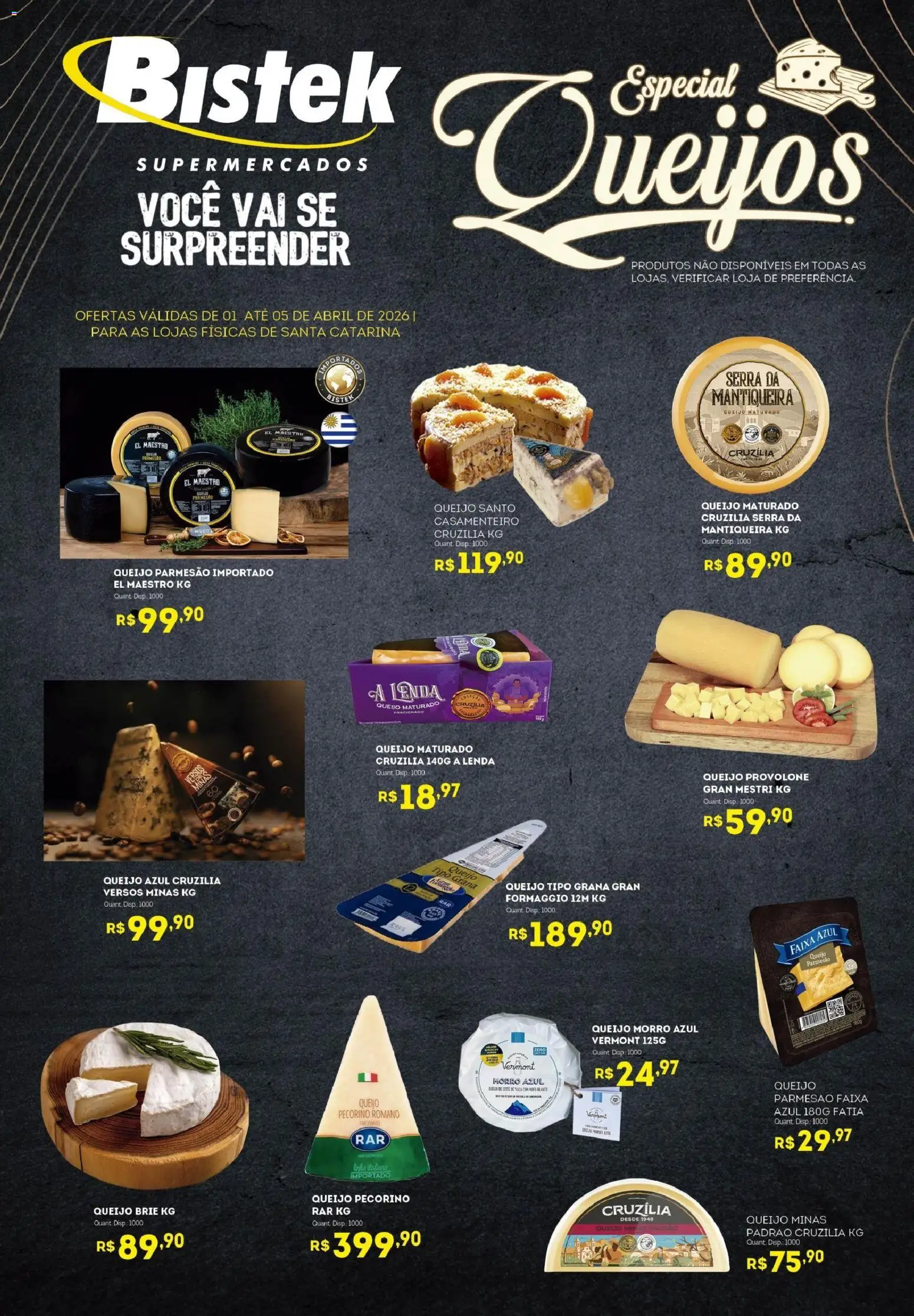 Bistek Supermercados Folheto - válido de 01.04.2026 | Página: 1 | Produtos: Queijo, Provolone, Parmesão, Queijo parmesão
