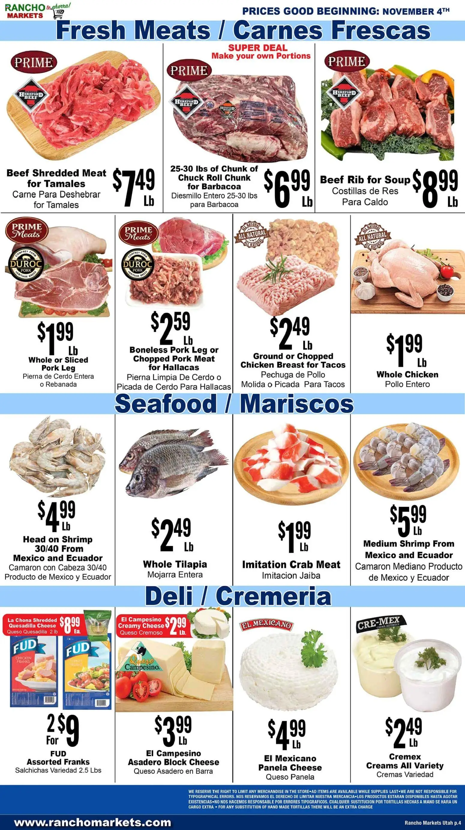 Rancho Markets Weekly Ad - valid from 04.11.2025 | Page: 4 | Products: Cheese, Pork, Beef, Seafood