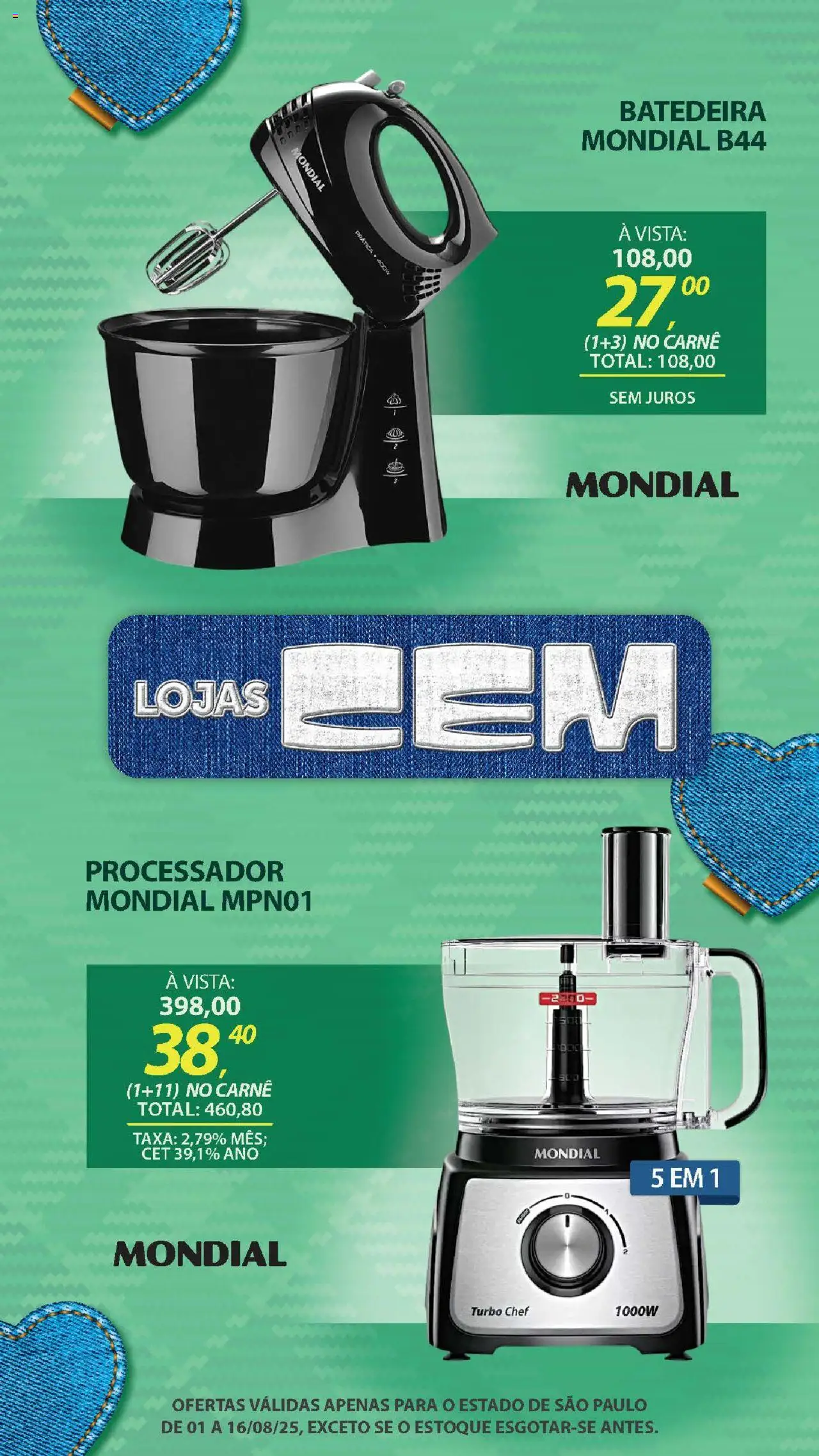 Lojas Cem Folheto - válido de 01.08.2025 | Página: 65 | Produtos: Batedeira, Processador, Carne