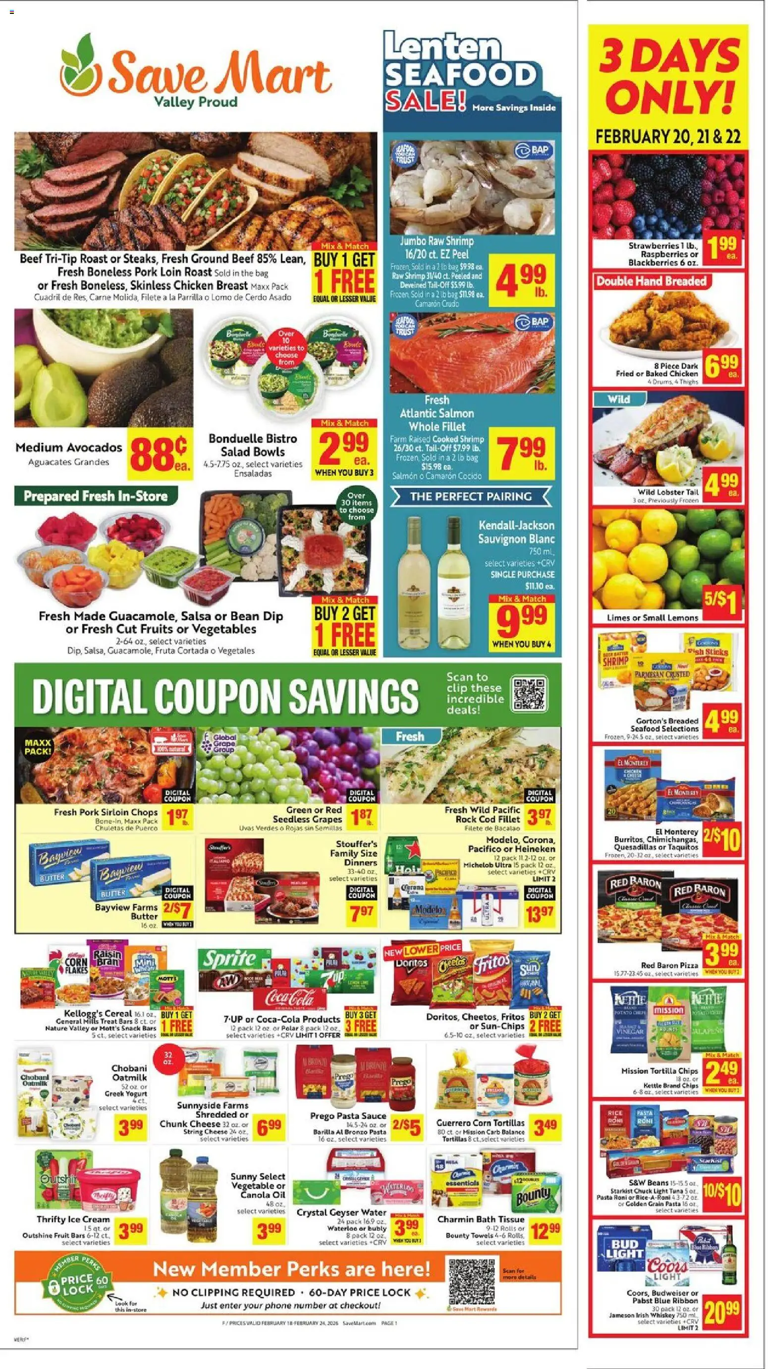 Save Mart Weekly - CA - valid from 18.02.2026 | Page: 1 | Products: Bath, Butter, Fish, Vegetables