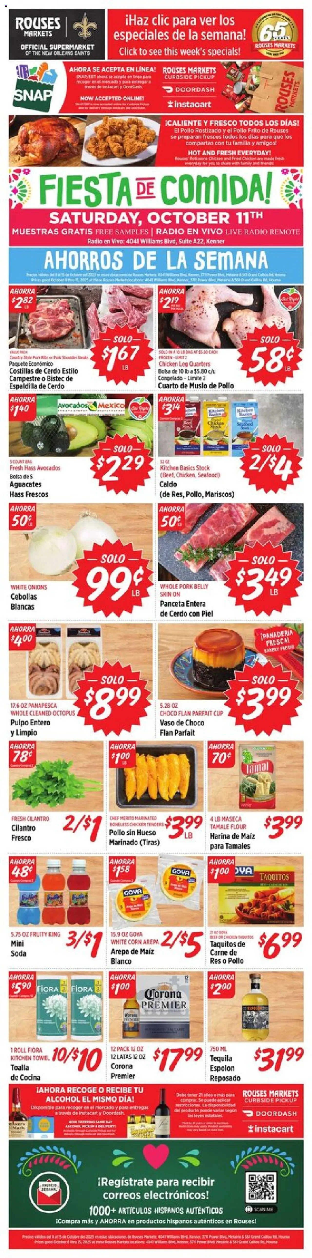 Rouses Hispanic Ad - valid from 08.10.2025 | Page: 1 | Products: Corn, Pork, Seafood, Radio
