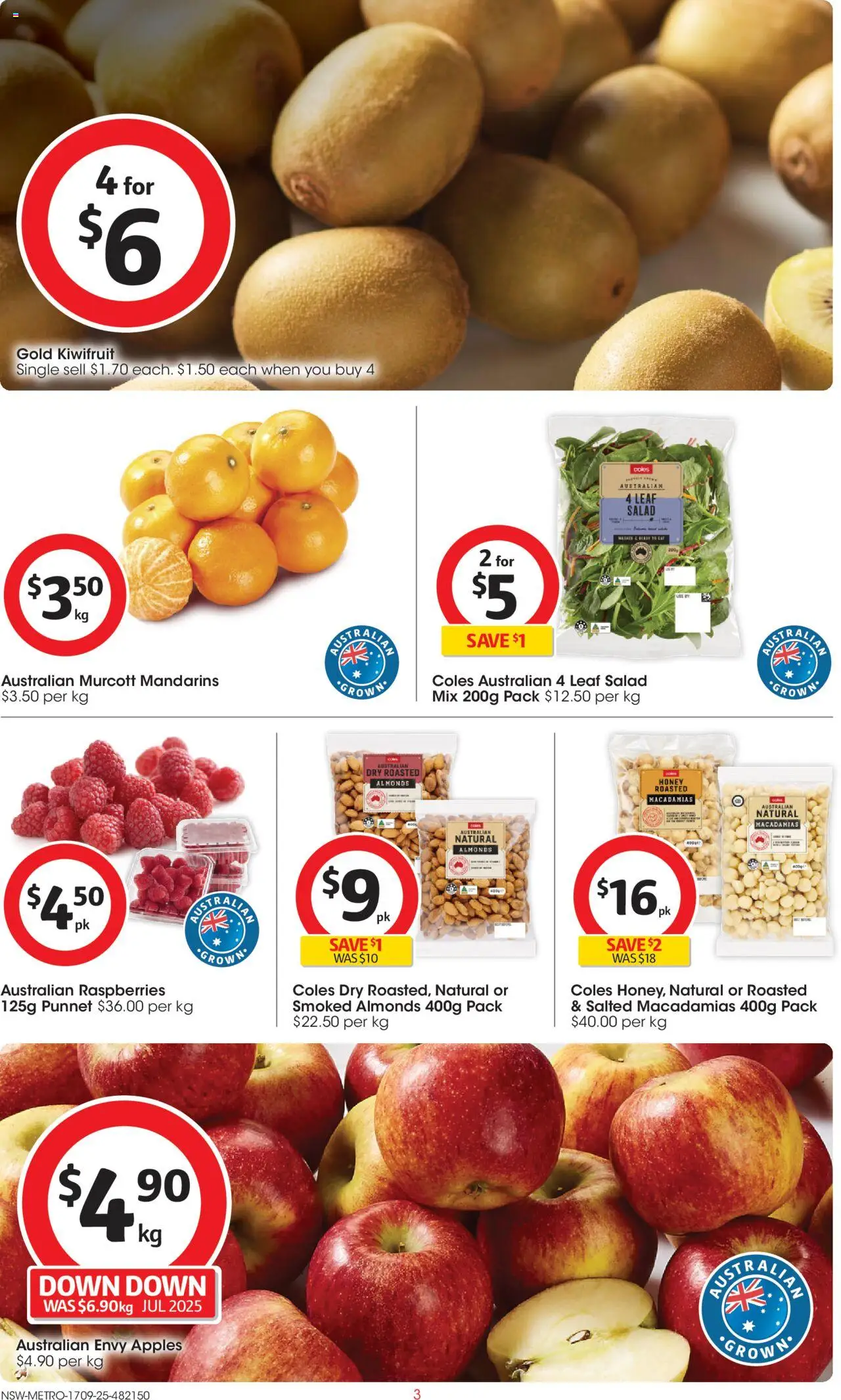 Coles catalogue - valid from 17.09.2025 | Page: 3 | Products: Almonds, Apples, Kiwifruit, Salad