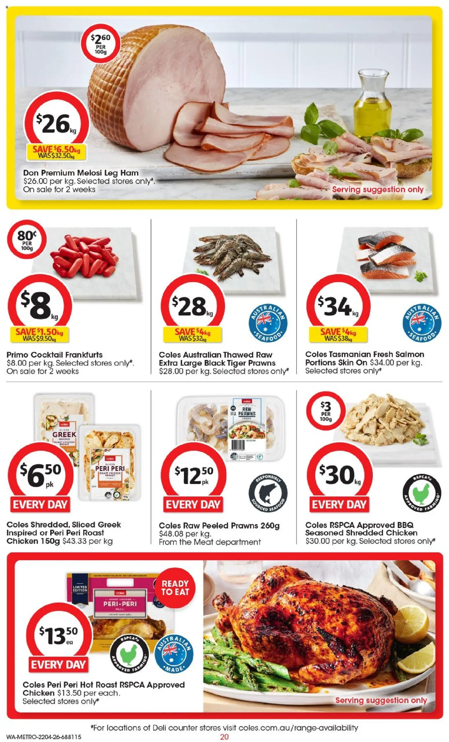 Coles catalogue - valid from 22.04.2026 | Page: 20 | Products: Ham, Chicken, Meat, Prawns