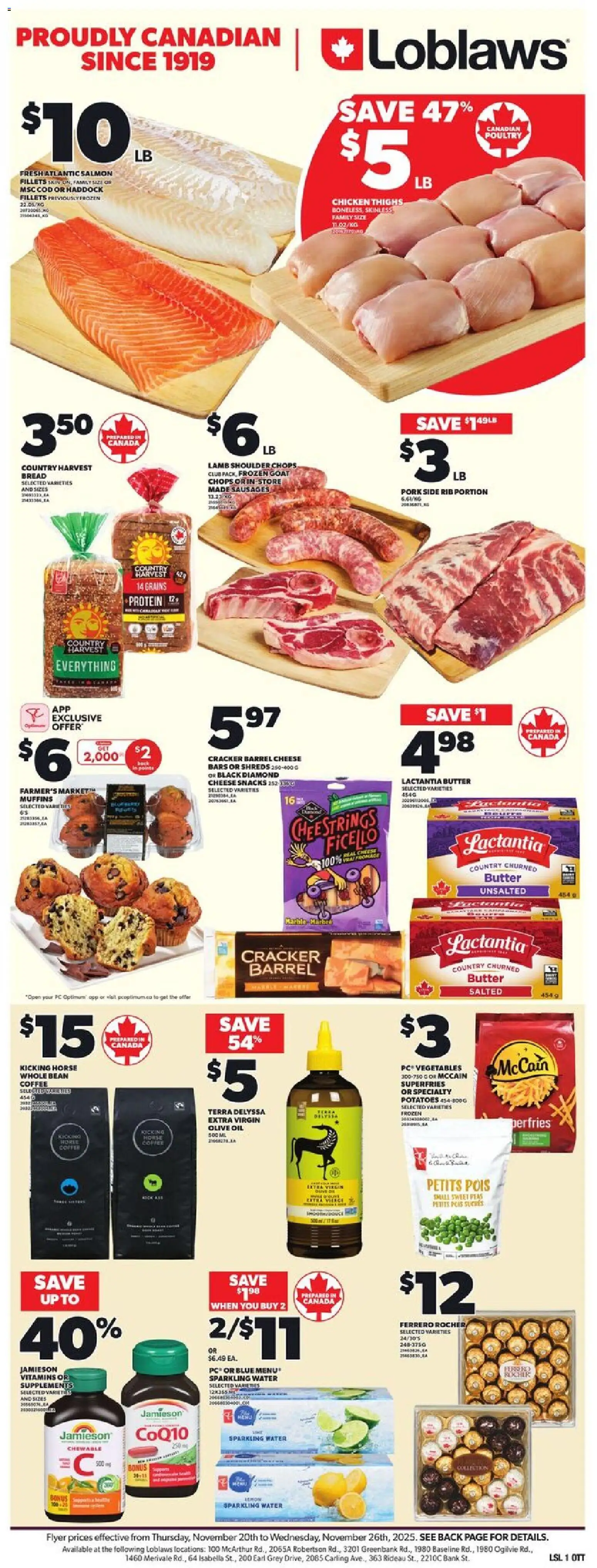Loblaws flyer valid from 20.11.2025 | Page: 3 | Products: Potatoes, Butter, Bread, Pork