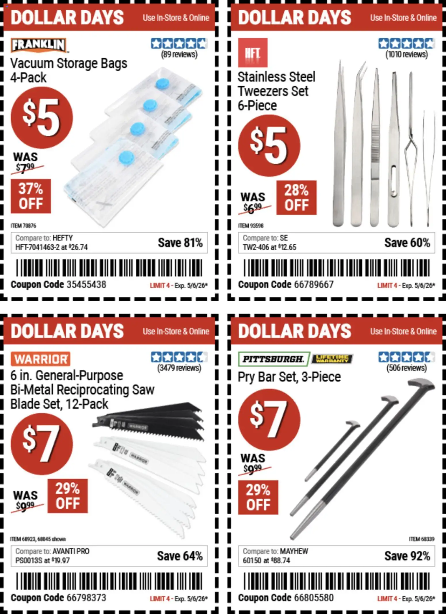 Harbor Freight Dollar Days - valid from 23.04.2026 | Page: 4 | Products: Saw, Vacuum, Pry Bar, Reciprocating Saw