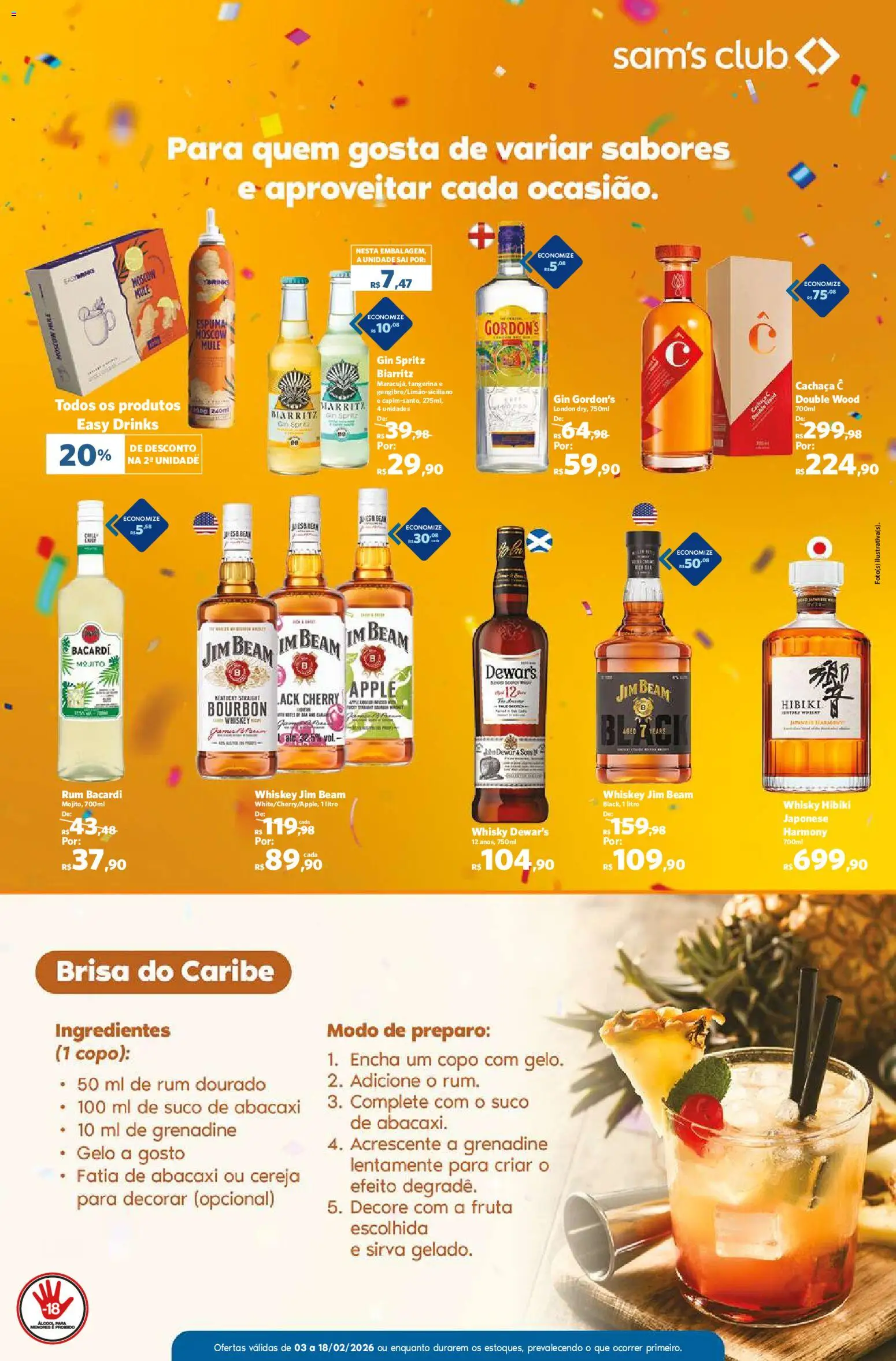 Sam's Club Folheto - válido de 03.02.2026 | Página: 8 | Produtos: Cachaça, Whisky, Abacaxi, Gin