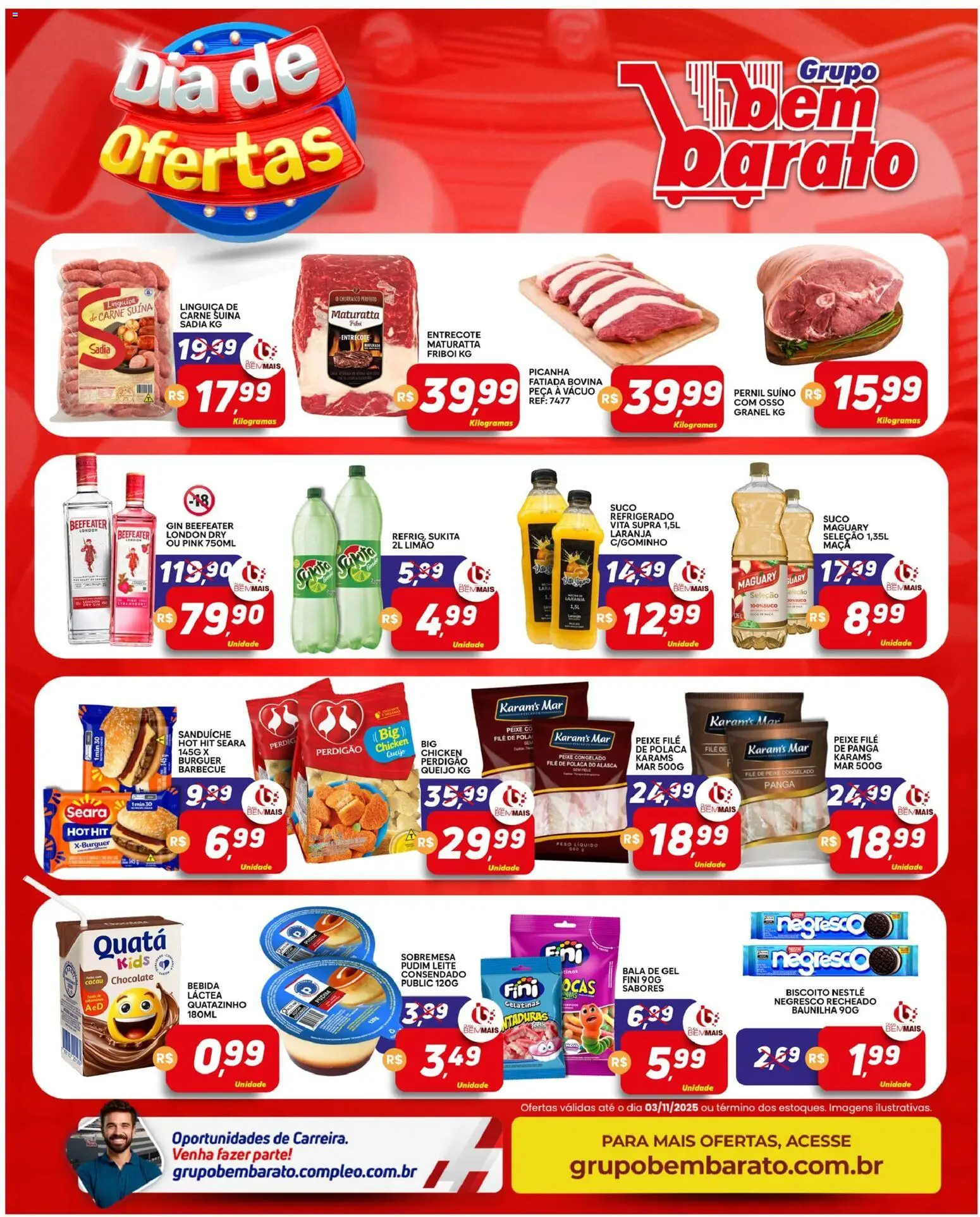 Supermercado Bem Barato Folheto - válido de 28.10.2025 | Página: 3 | Produtos: Linguiça, Leite, Peixe, File de polaca