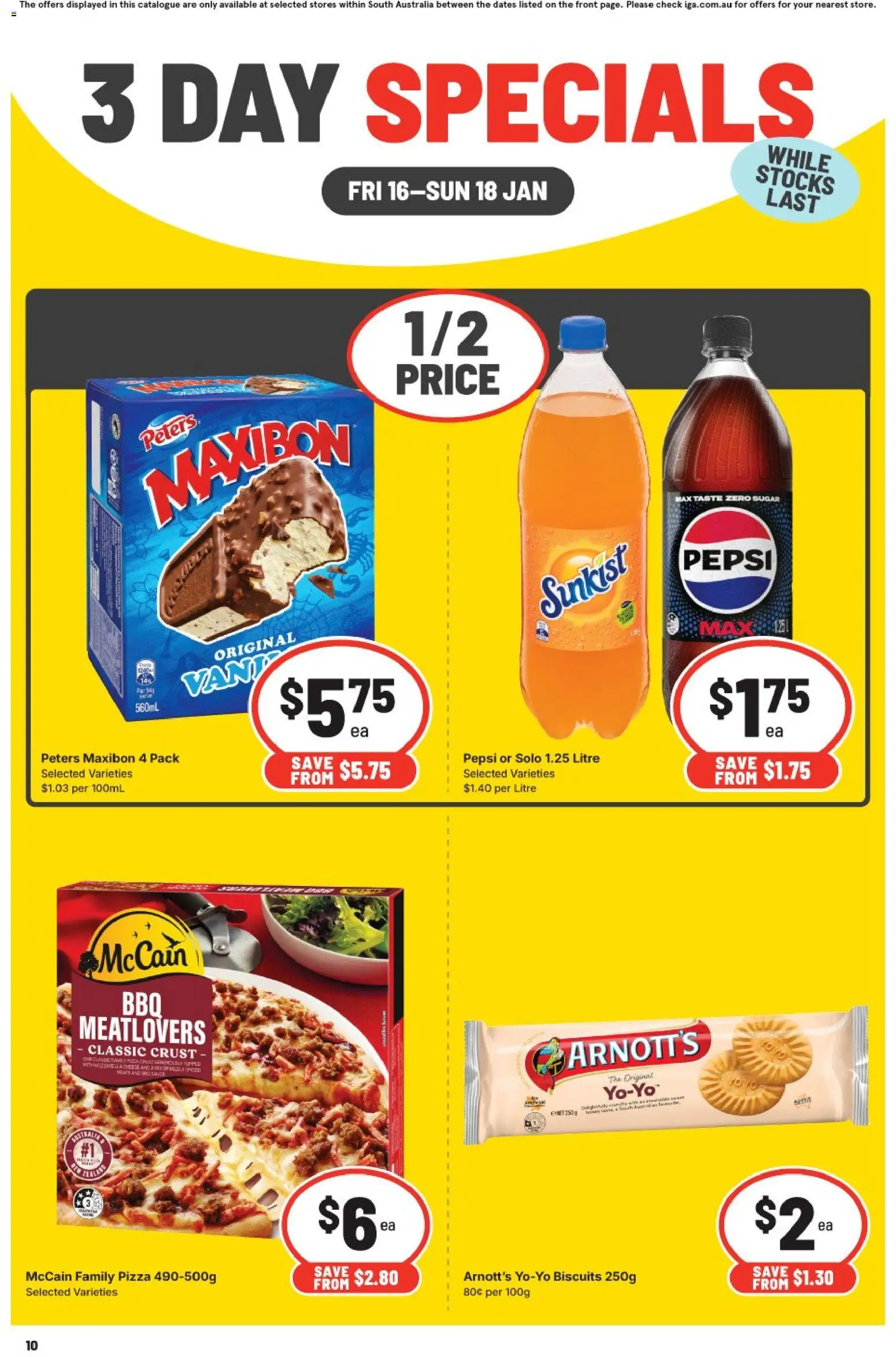 IGA catalogue - valid from 16.01.2026 | Page: 3 | Products: Pizza, Pepsi, Biscuits, Sugar