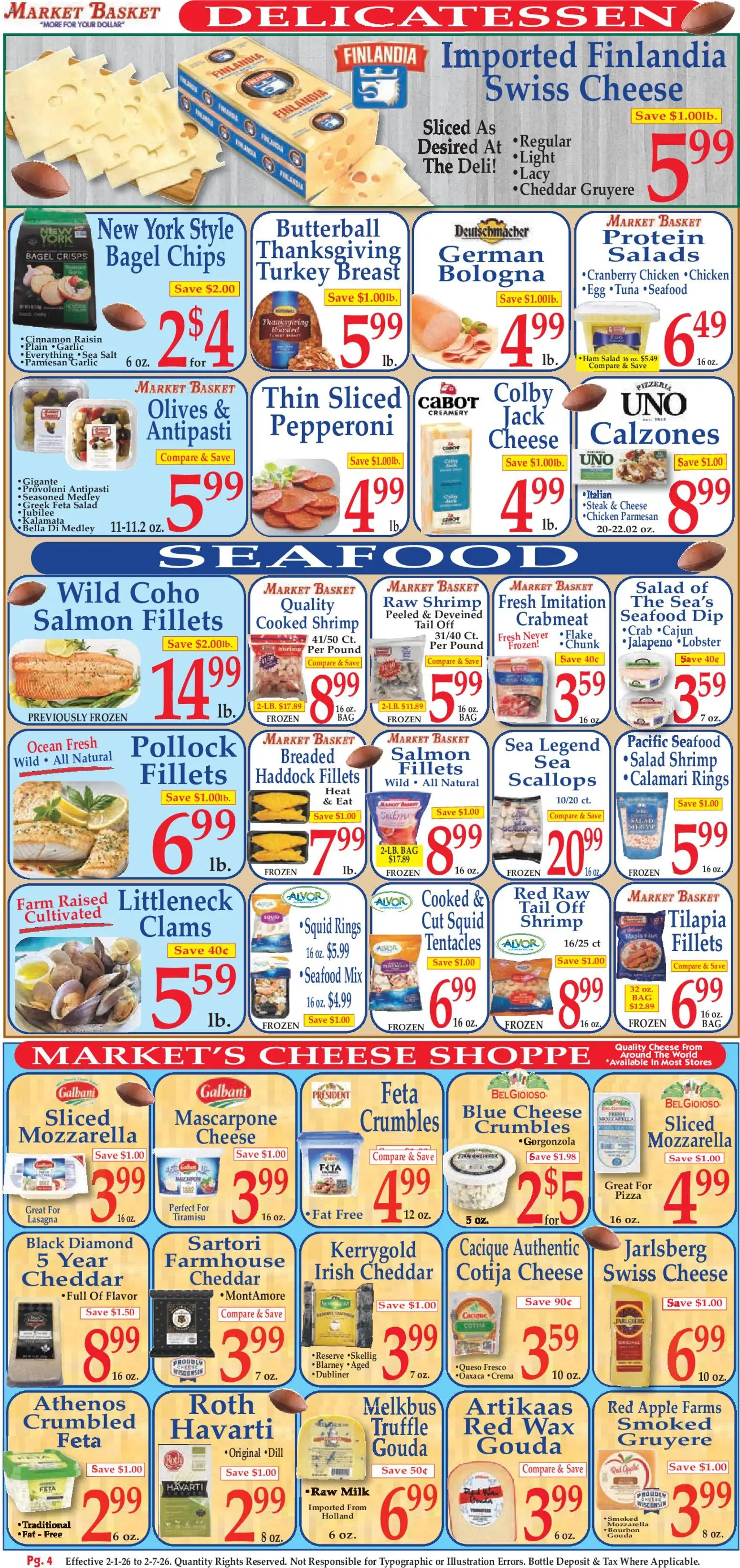 Market Basket Ad - valid from 01.02.2026 | Page: 4 | Products: Basket, Milk, Pizza, Seafood