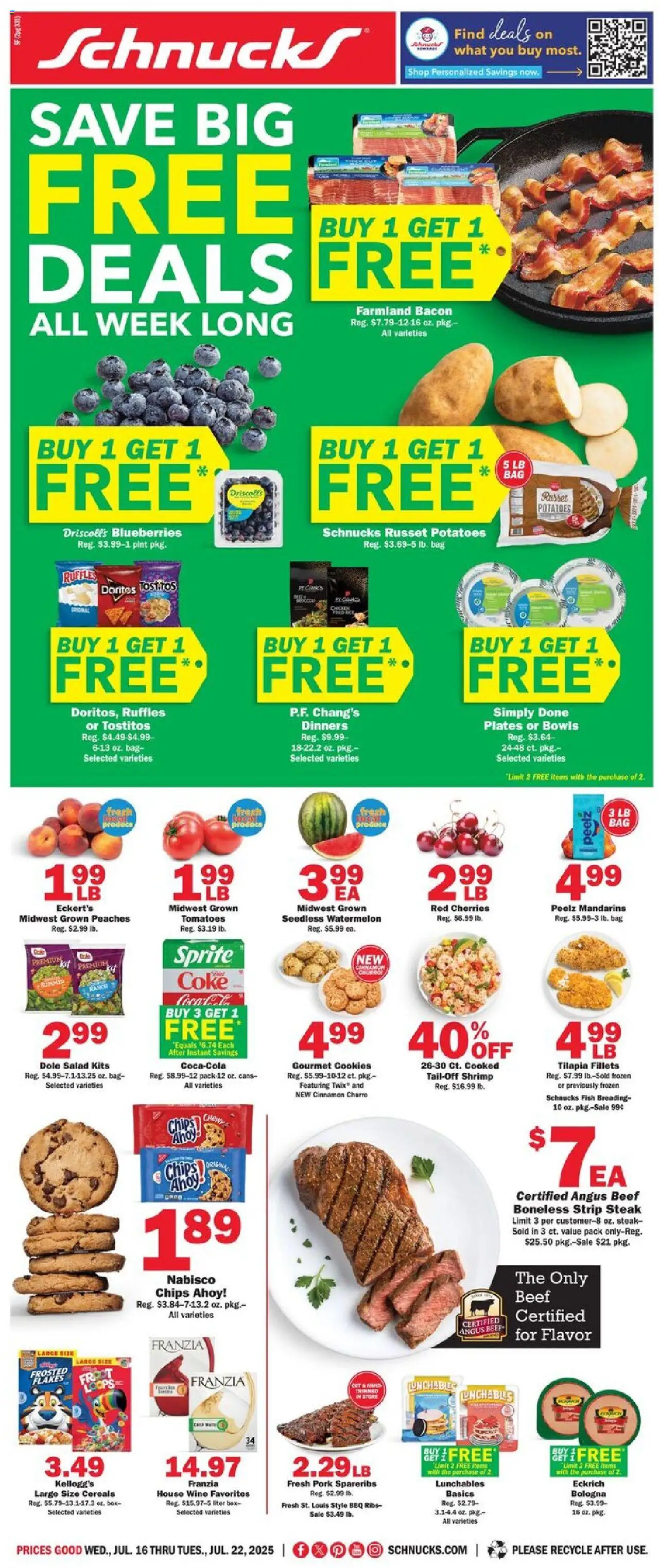 Schnucks Ad - valid from 16.07.2025 | Page: 1 | Products: Box, Beef, Cereals, Bag