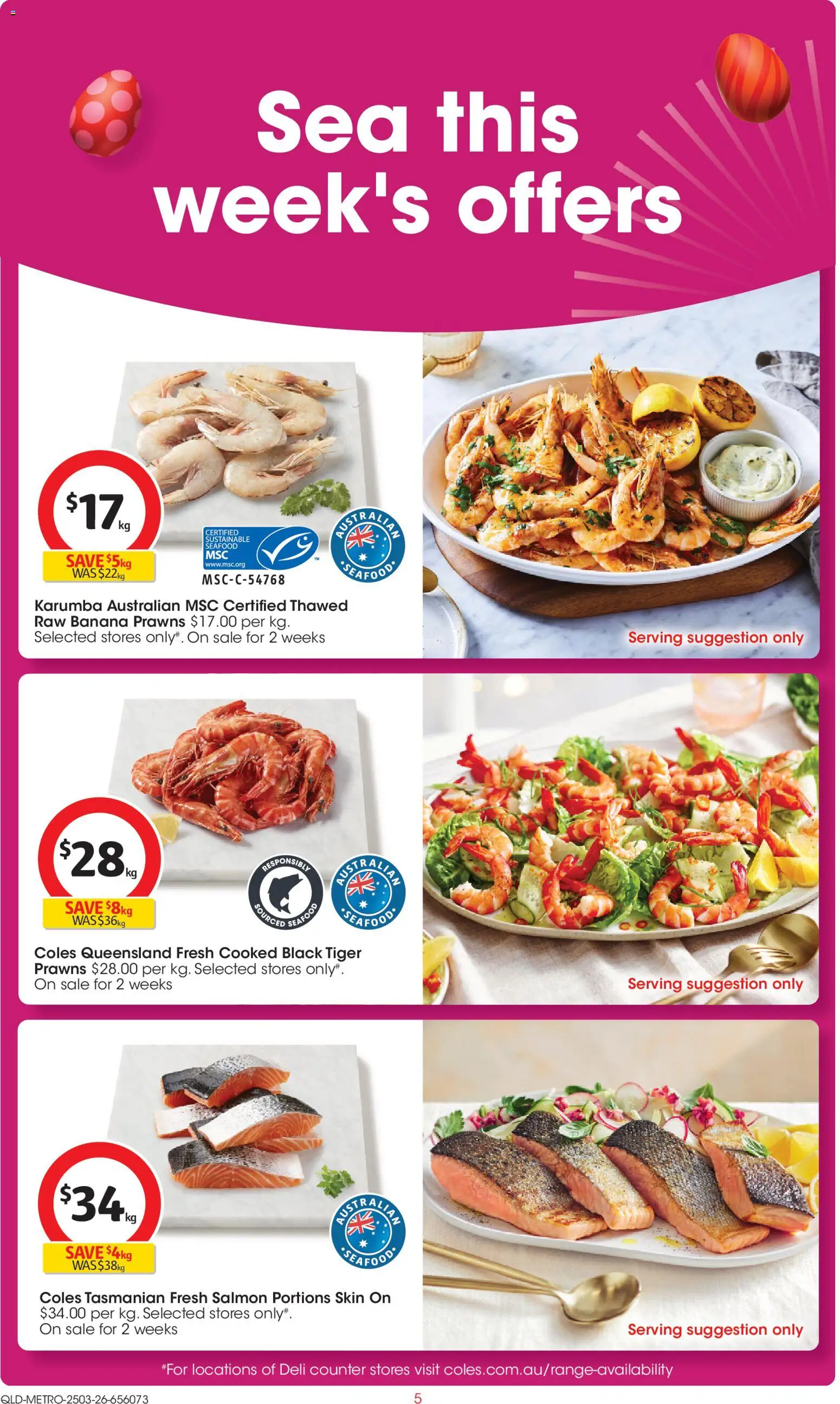 Coles catalogue - valid from 25.03.2026 | Page: 5 | Products: Prawns, Salmon, Sustainable, Seafood