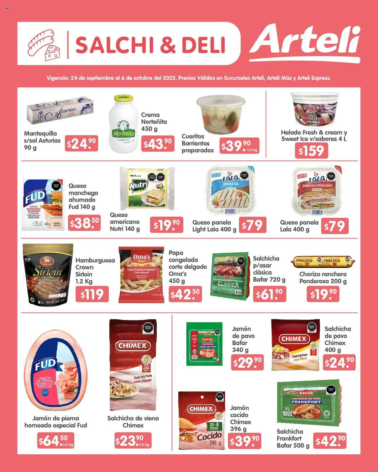Nuevas ofertas de Arteli válidas en toda la República Mexicana desde el 24.09.2025. ¡Encuentra las mejores ofertas en Arteli - Folleto Quincenal! | Página: 7 | Productos: Salchicha, Mantequilla, Queso, Jamón