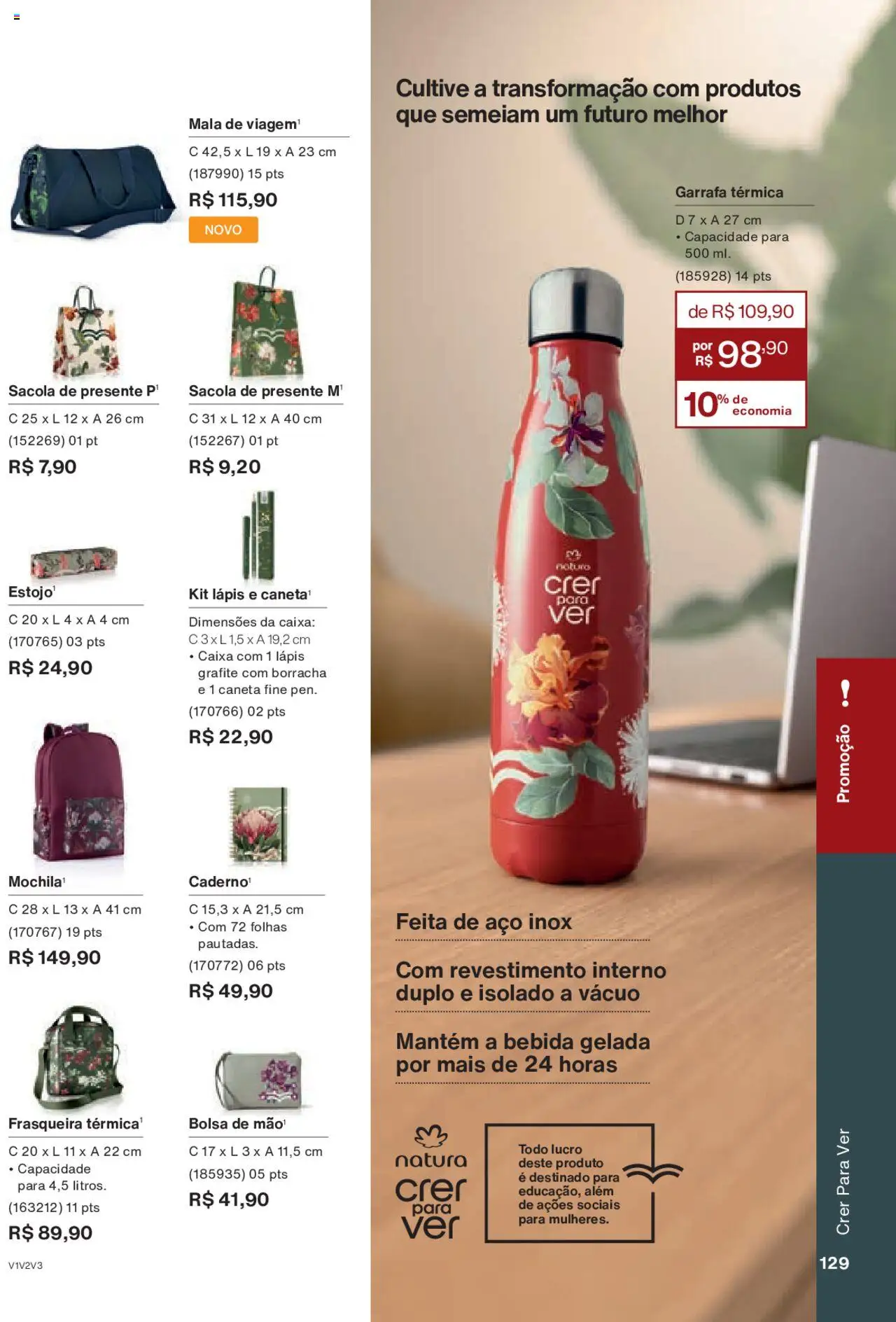 Natura Folheto - válido de 08.07.2025 | Página: 129 | Produtos: Caneta, Garrafa térmica, Caixa, Bebida