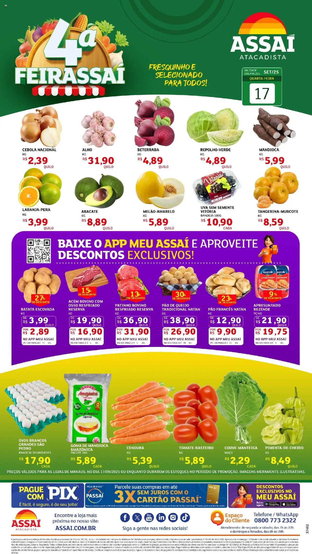 Assaí Atacadista Folheto - válido de 17.09.2025 | Página: 1 | Produtos: Mandioca, Bandeja, Batata, Telefone