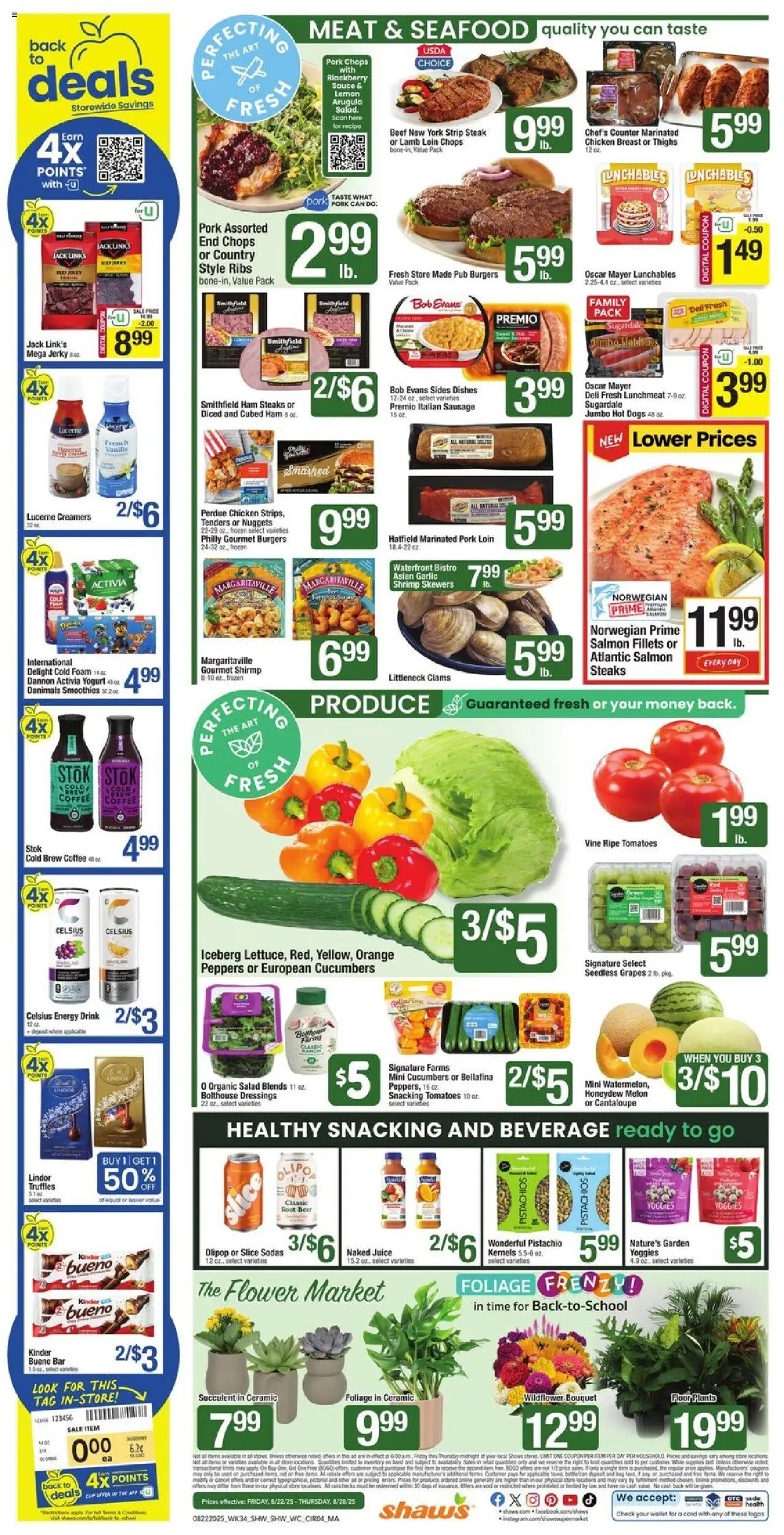 Shaw's Weekly Ad - MA - valid from 22.08.2025 | Page: 4 | Products: Peppers, Tomatoes, Seafood, Hot Dogs