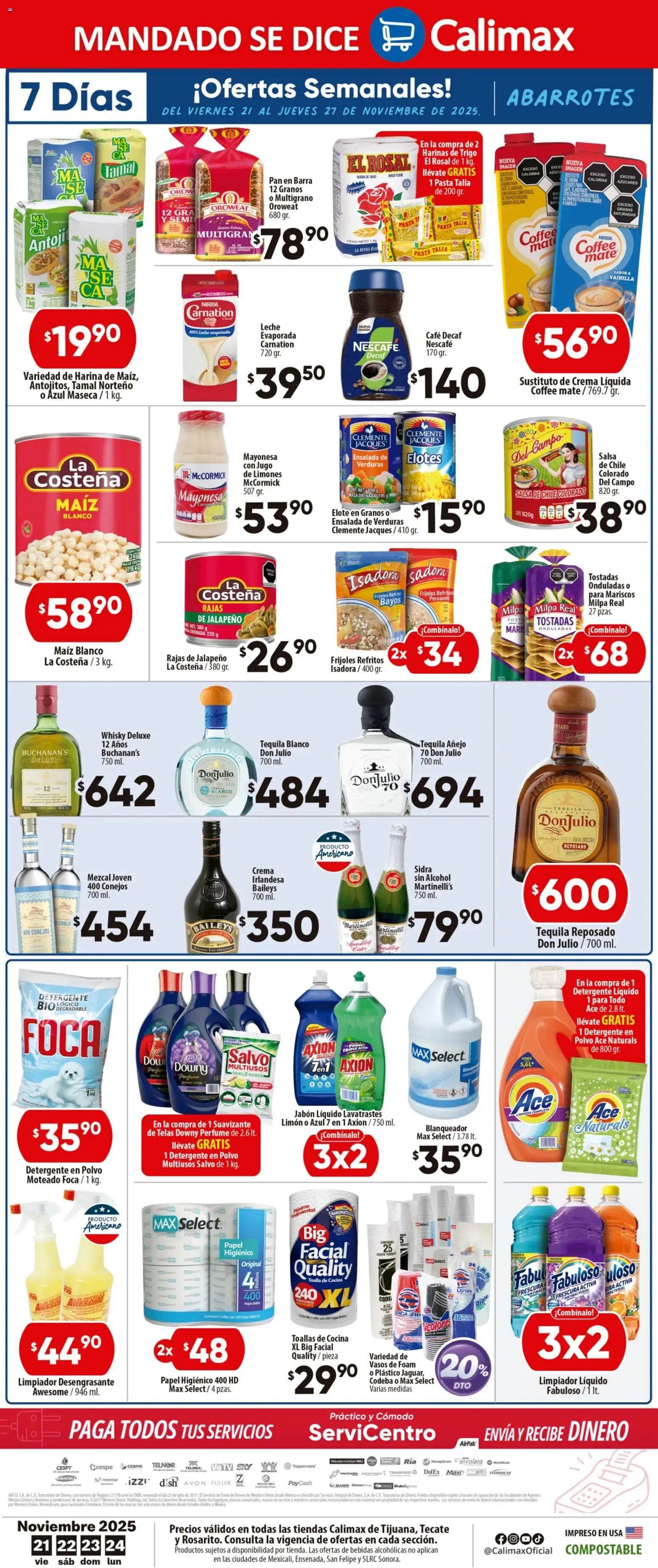 Nuevas ofertas de Calimax válidas en toda la República Mexicana desde el 21.11.2025. ¡Encuentra las mejores ofertas en Calimax folleto Tecate! | Página: 4 | Productos: Leche, Toalla, Papel higiénico, Whisky