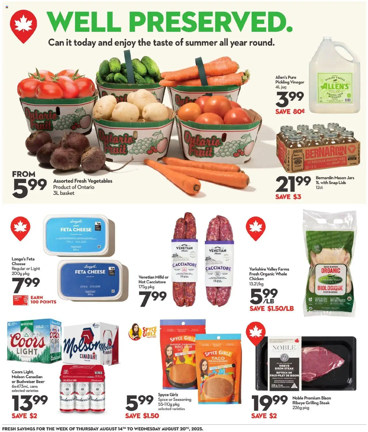 Longo's flyer valid from 14.08.2025 | Page: 14 | Products: Basket, Cheese, Beer, Chicken