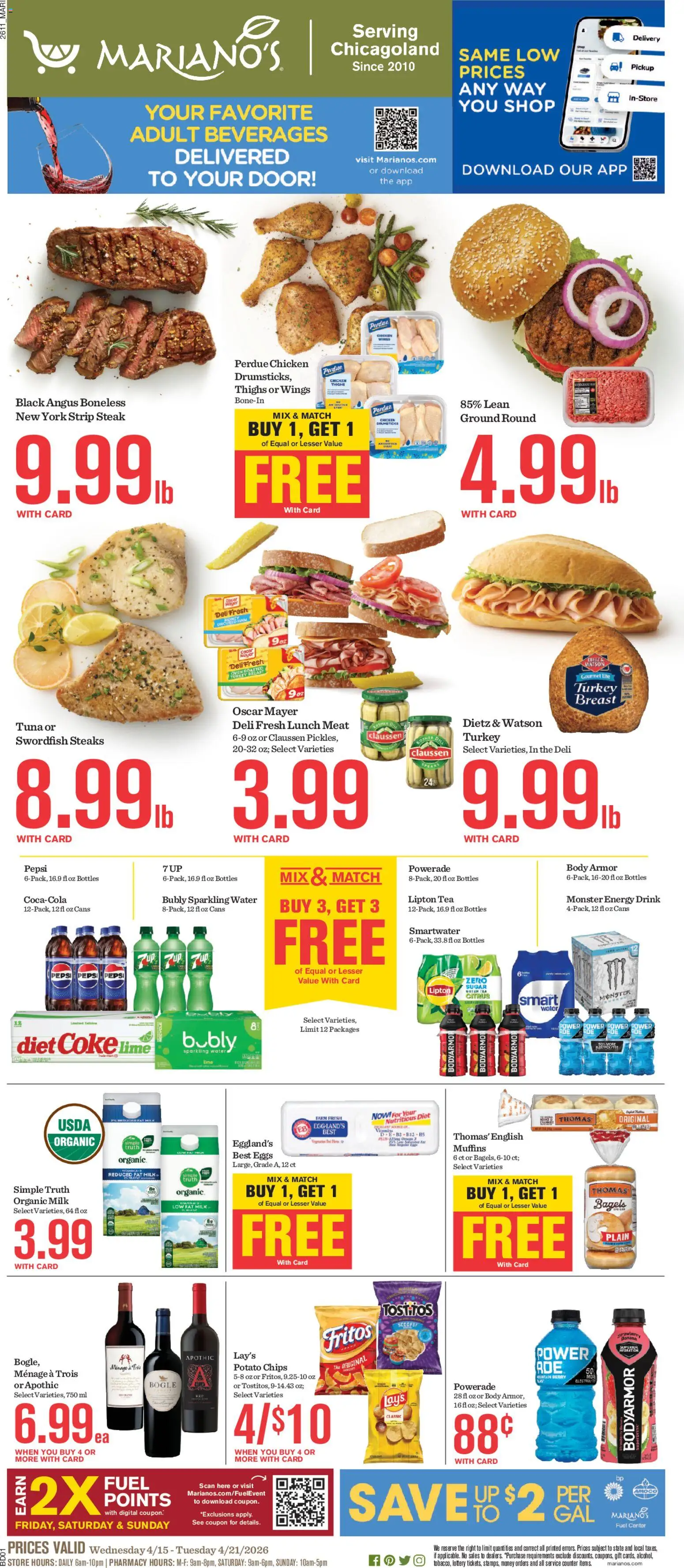 Mariano's Weekly Ad - valid from 15.04.2026 | Page: 1 | Products: Milk, Tea, Sugar, Lime