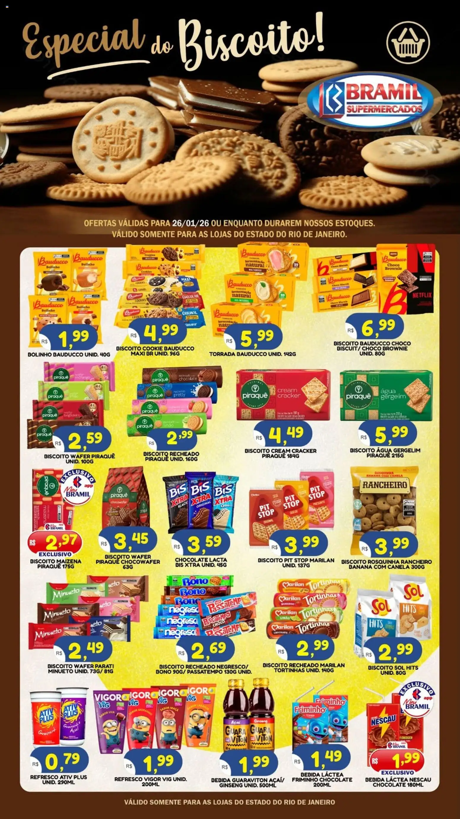 Bramil Supermercados Folheto - válido de 26.01.2026 | Página: 1 | Produtos: Nescau, Rosquinha, Biscoito recheado, Boné