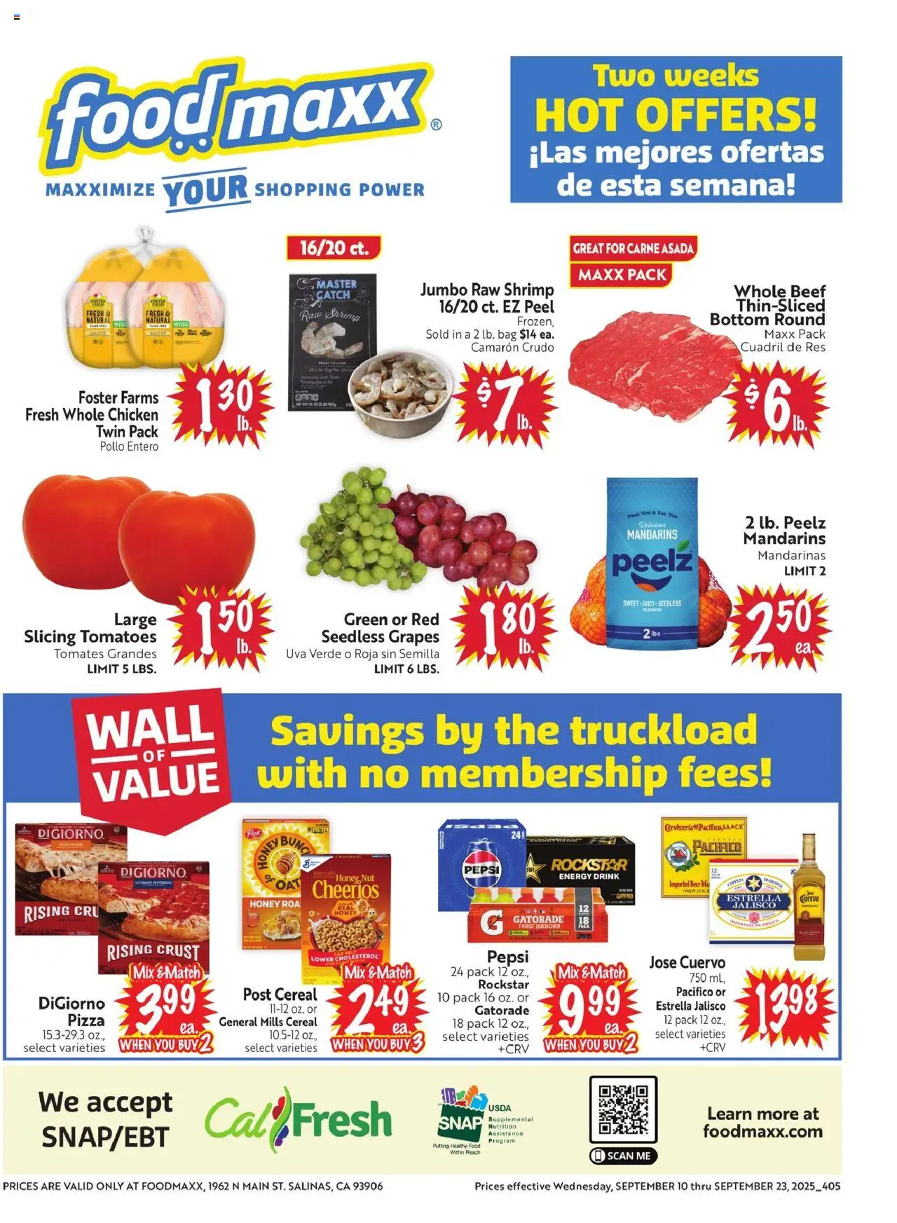 FoodMaxx Weekly Ad - CA - valid from 10.09.2025 | Page: 1 | Products: Pizza, Beer, Grapes, Bag