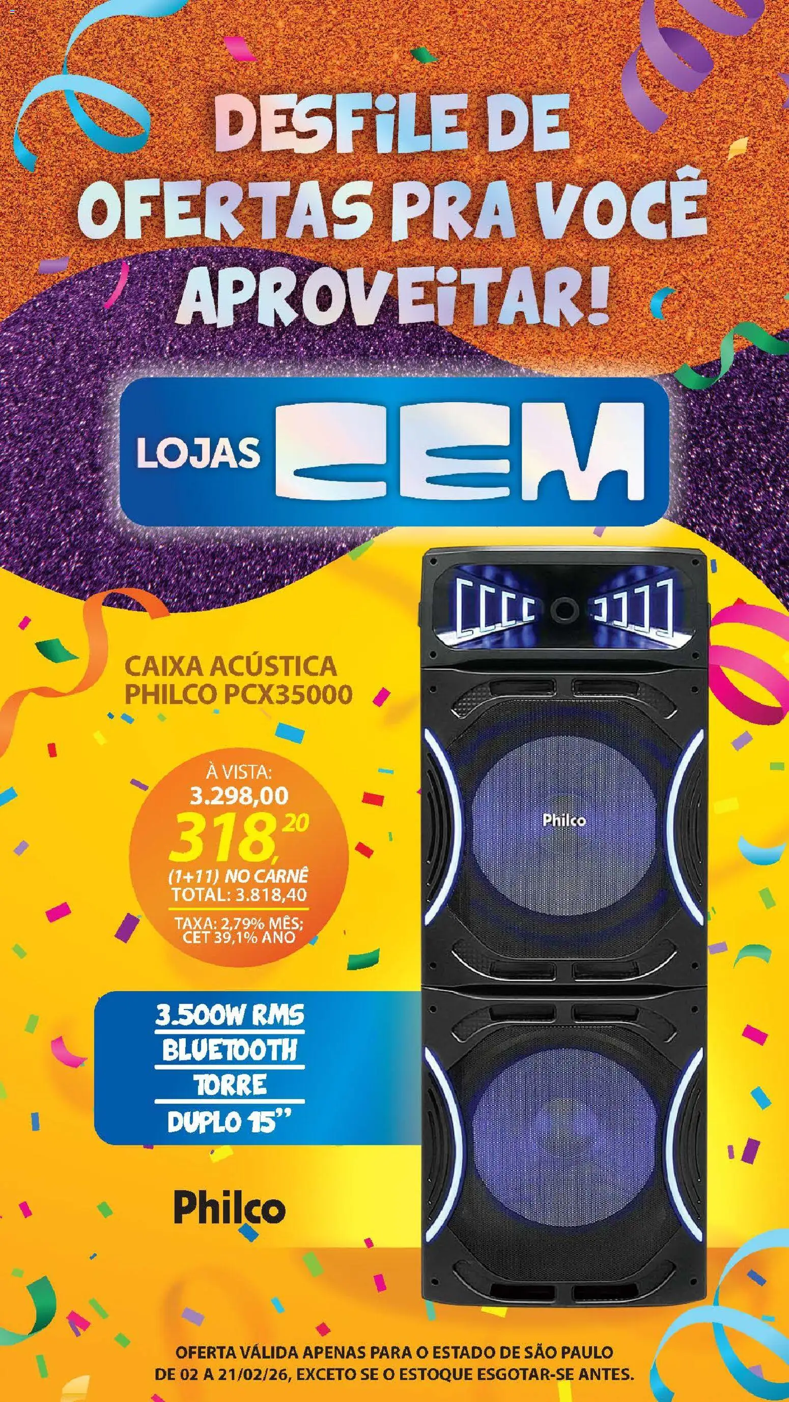 Lojas Cem Folheto - válido de 02.02.2026 | Página: 63 | Produtos: Caixa acústica, Caixa, Carne