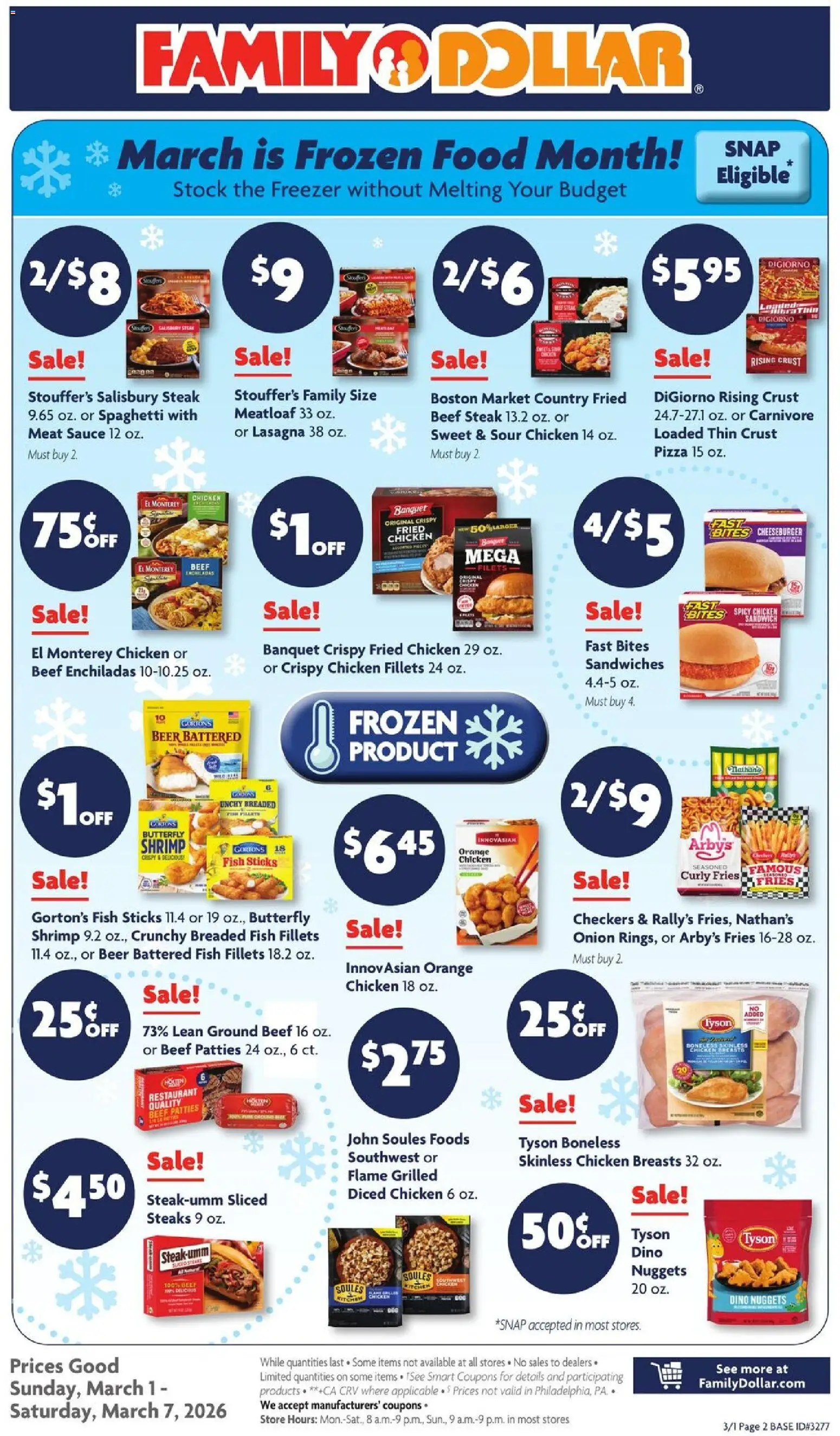 Family Dollar Weekly Ad - valid from 01.03.2026 | Page: 2 | Products: Beef, Sauce, Onion, Freezer