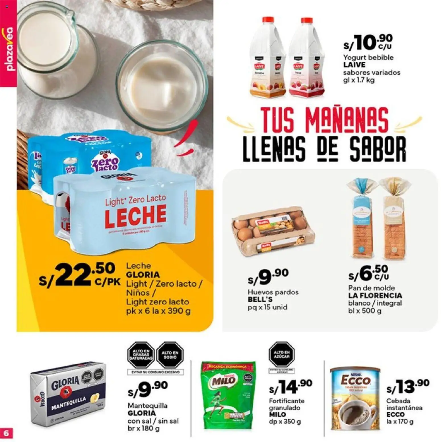 Catálogo Plaza Vea válido desde 21.11.2025 | Página: 6 | Productos: Leche, Yogurt, Huevos, Pan