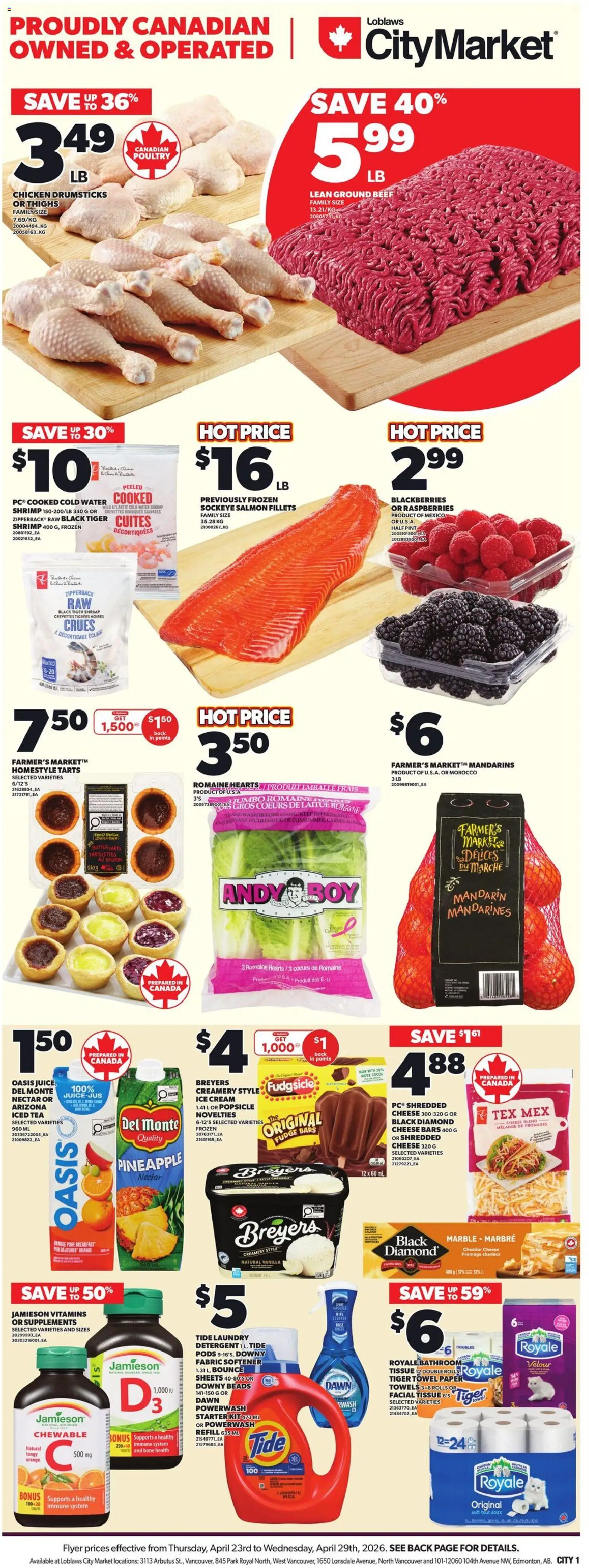 Loblaws flyer valid from 23.04.2026 | Page: 3 | Products: Pineapple, Detergent, Butter, Chicken