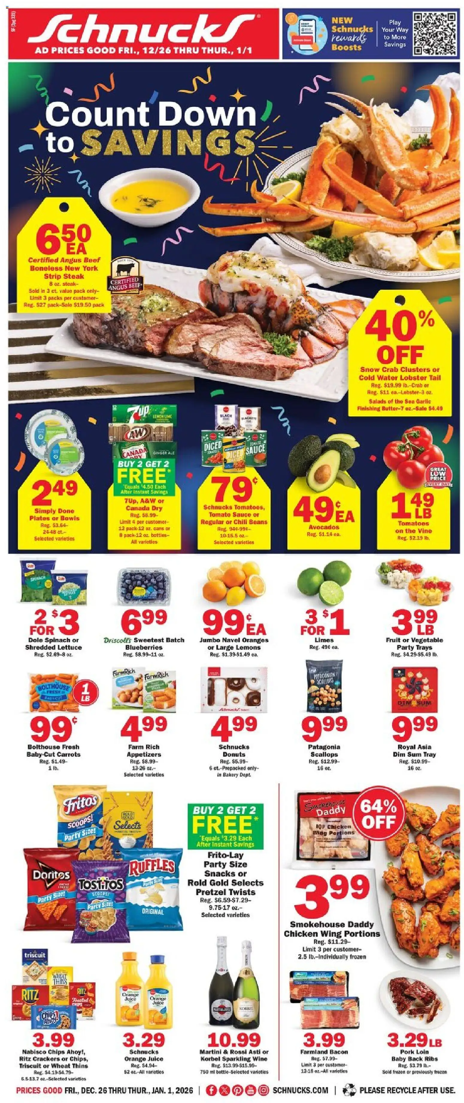 Schnucks Ad - valid from 26.12.2025 | Page: 1 | Products: Wine, Oranges, Chips, Garlic