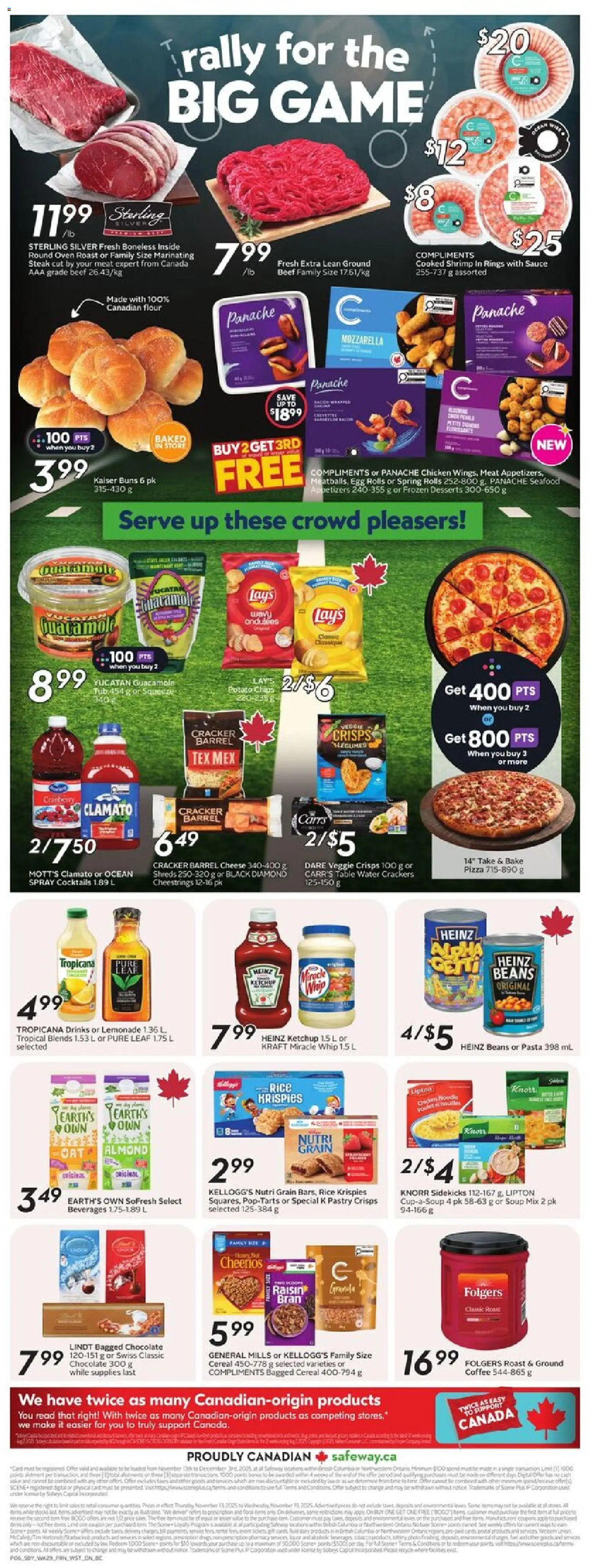 Safeway flyer valid from 13.11.2025 | Page: 4 | Products: Beef, Chocolate, Pizza, Chicken