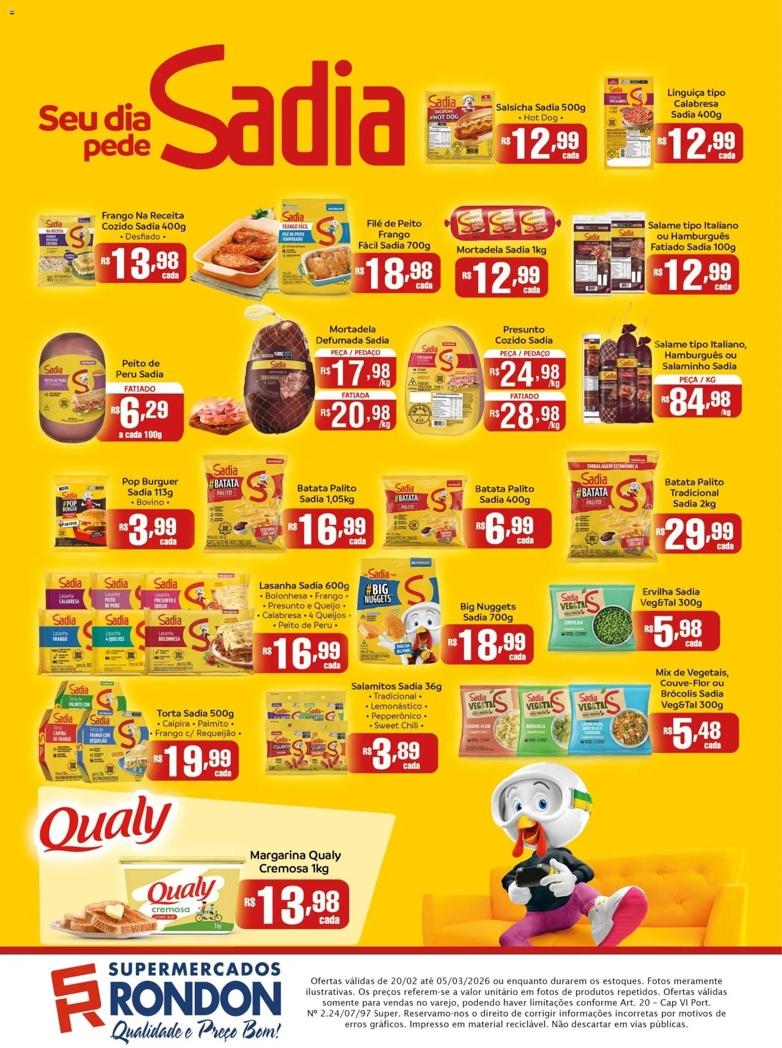 Supermercados Rondon Folheto - válido de 20.02.2026 | Página: 1 | Produtos: Salsicha, Linguiça, Peito de peru, Lasanha
