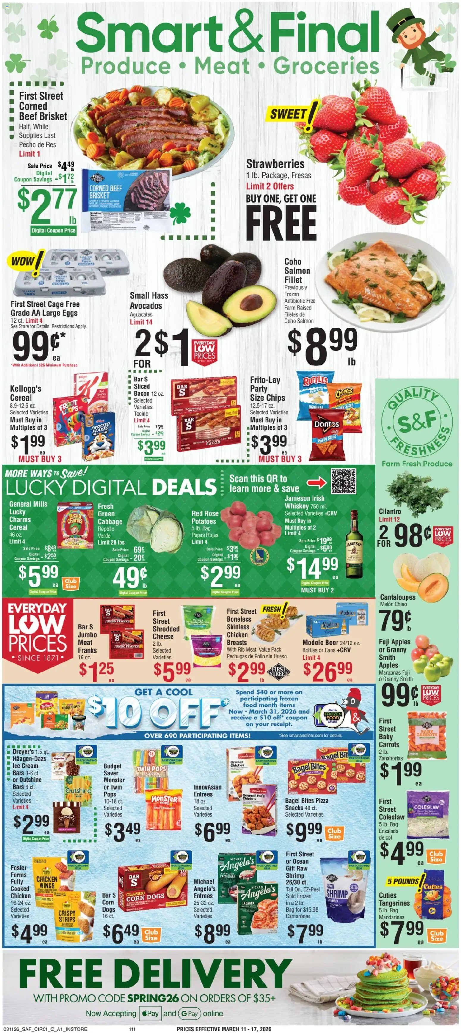 Smart & Final Weekly Ad - valid from 11.03.2026 | Page: 1 | Products: Cheese, Pizza, Chicken meat, Strawberries
