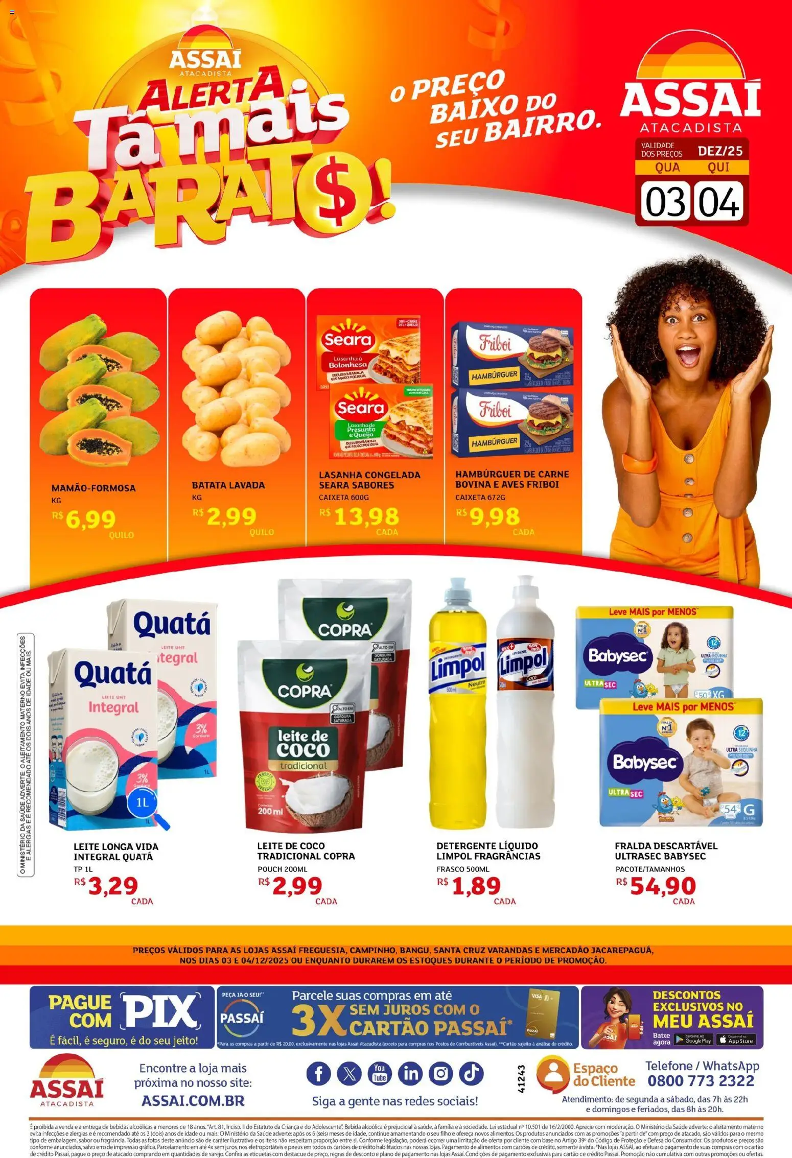 Assaí Atacadista Folheto - válido de 03.12.2025 | Página: 1 | Produtos: Leite, Queijo, Baixo, Telefone