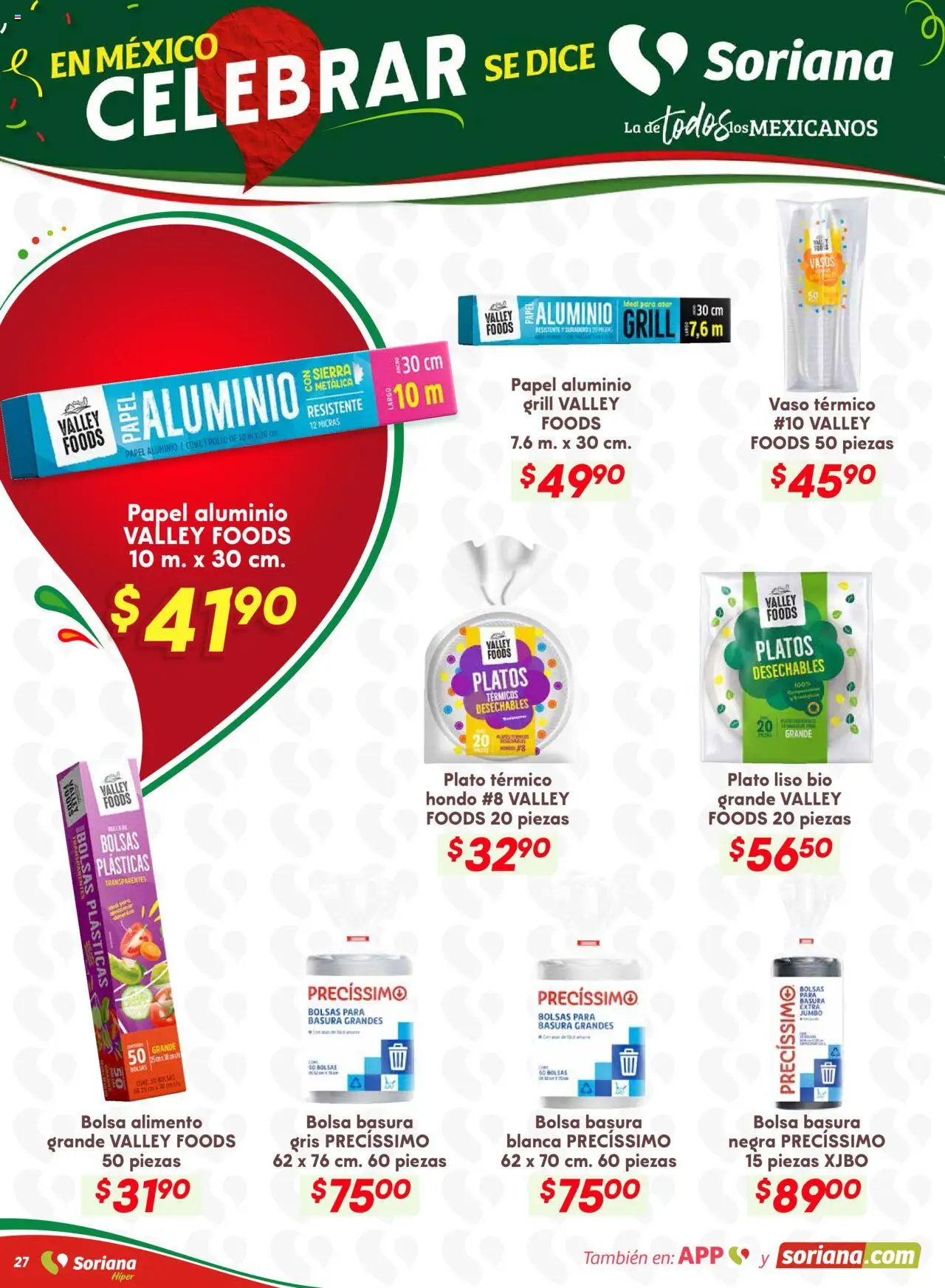 Nuevas ofertas de Soriana válidas en toda la República Mexicana desde el 28.08.2025. ¡Encuentra las mejores ofertas en Soriana - Preciazazaso Híper: Valle de México! | Página: 27 | Productos: Bolsa, Sierra, Vasos