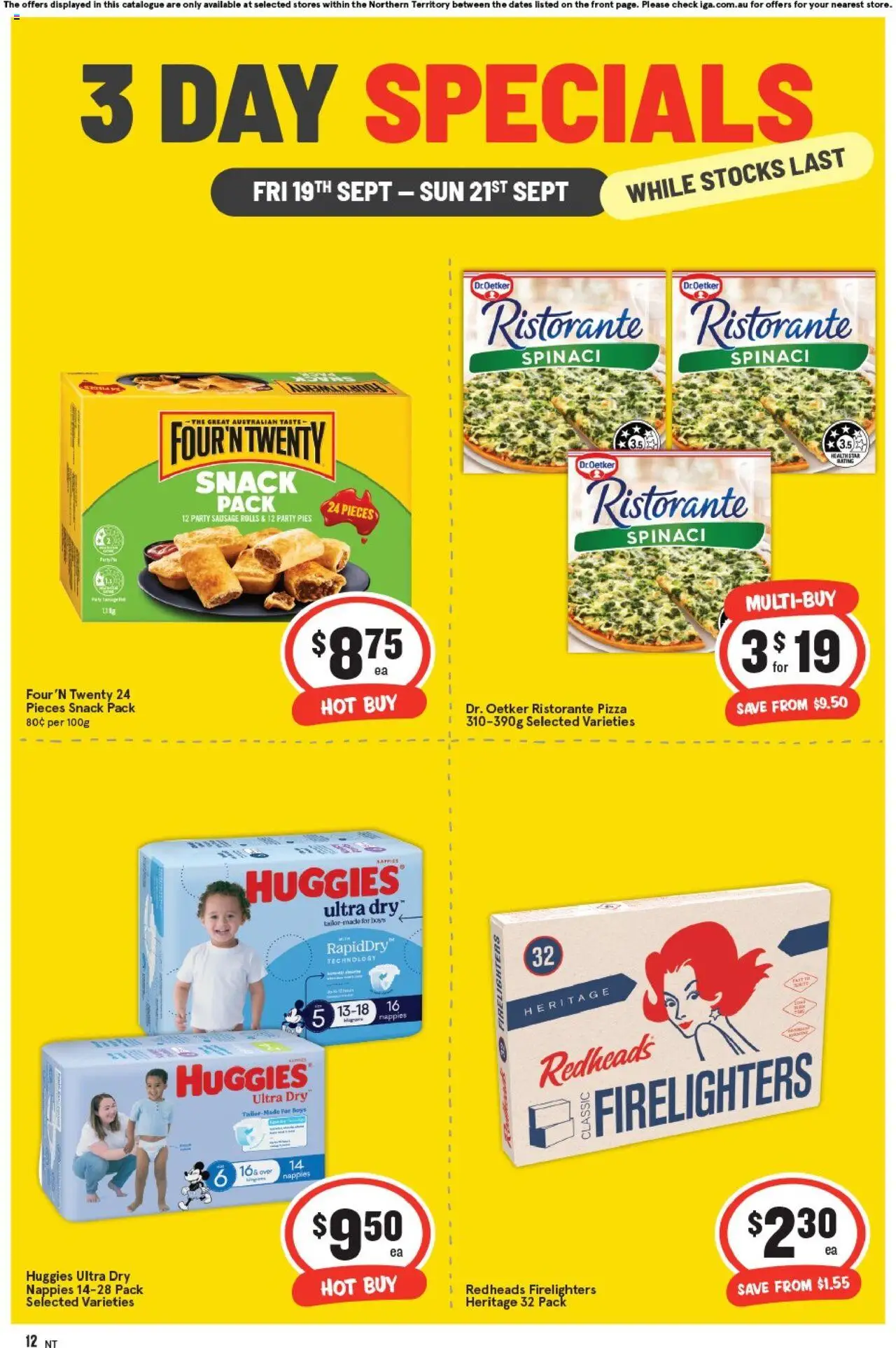 IGA catalogue - valid from 19.09.2025 | Page: 4 | Products: Pizza, Nappies, Sausage, Pies