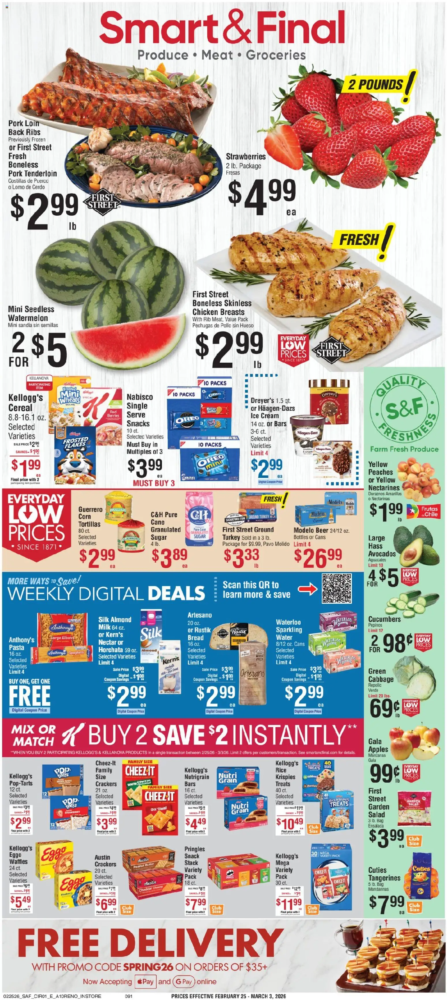 Smart & Final Weekly Ad - valid from 25.02.2026 | Page: 1 | Products: Berries, Peaches, Bread, Cucumbers
