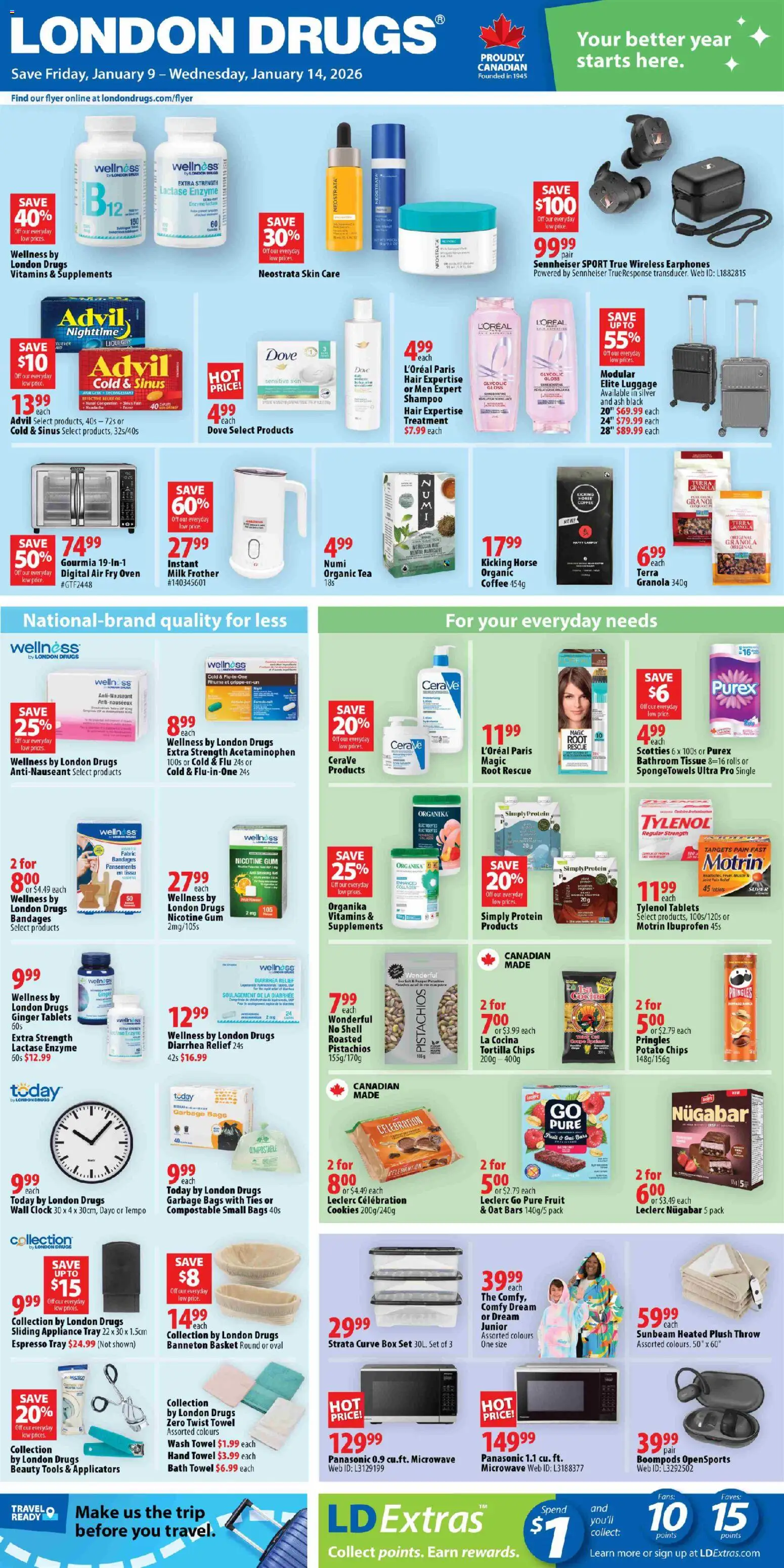 London Drugs flyer valid from 09.01.2026 | Page: 1 | Products: Tea, Luggage, Oven, Shampoo