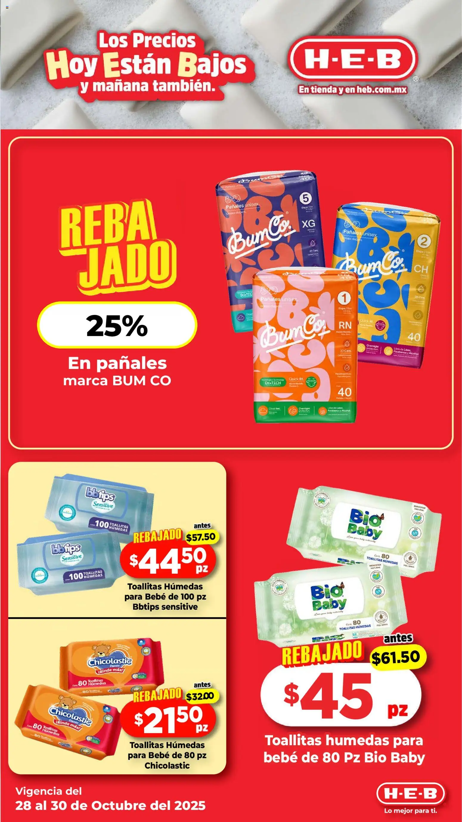 Nuevas ofertas de H-E-B válidas en toda la República Mexicana desde el 28.10.2025. ¡Encuentra las mejores ofertas en H-E-B folleto! | Página: 9 | Productos: Toallitas húmedas, Pañales