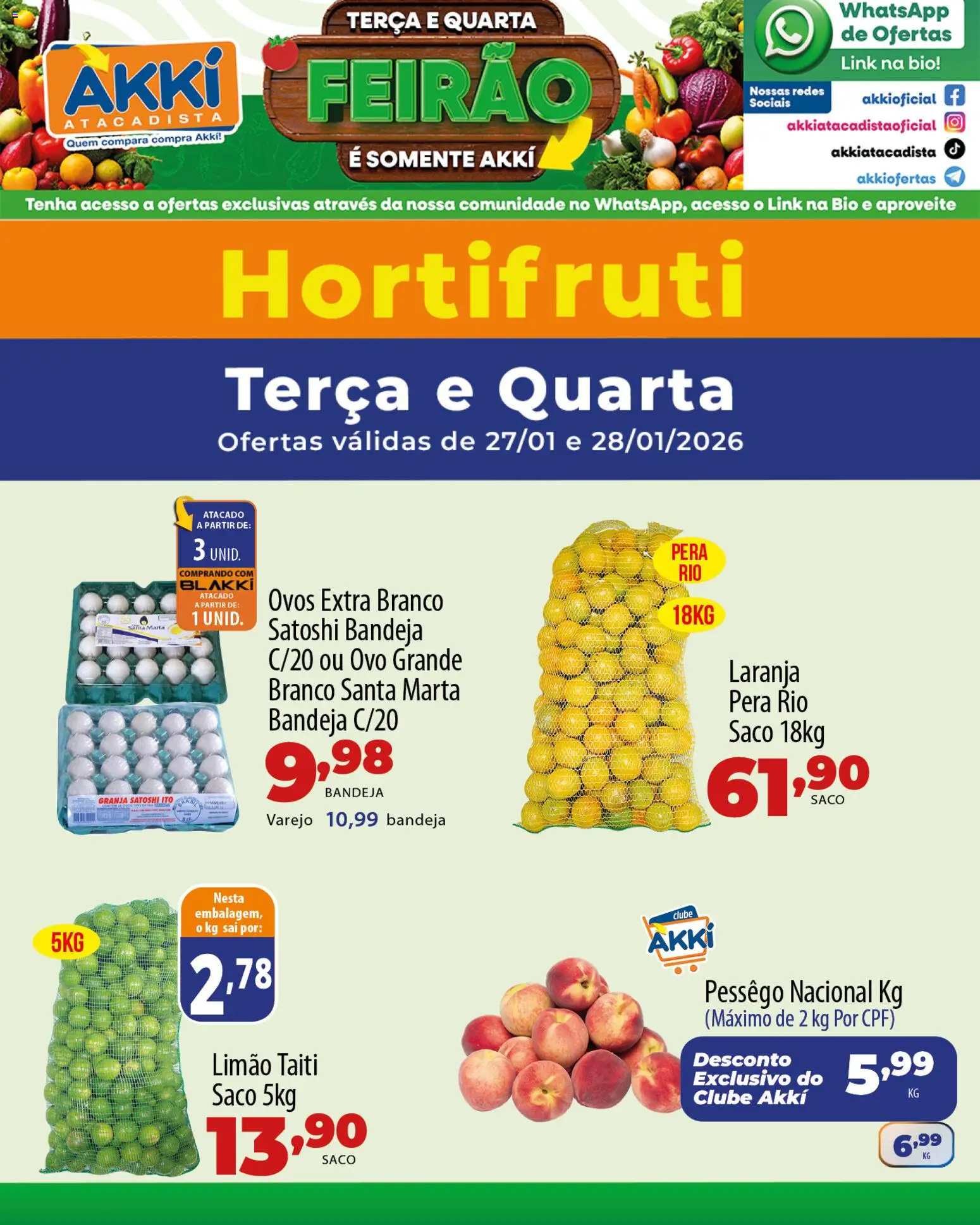 Akki Atacadista Folheto - válido de 27.01.2026 | Página: 1 | Produtos: Pera, Pêssego, Ovos, Bandeja