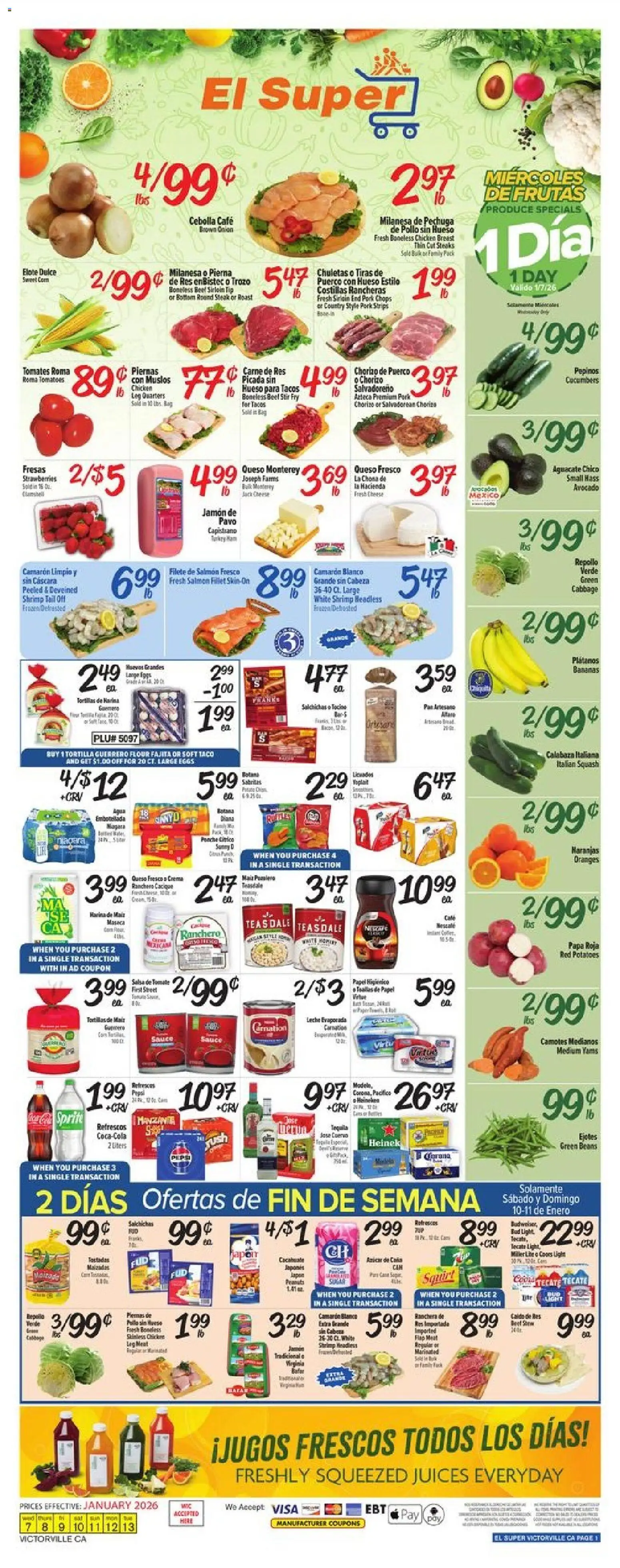 El Super Weekly Ad - CA - valid from 07.01.2026 | Page: 1 | Products: Eggs, Bananas, Strawberries, Sauce
