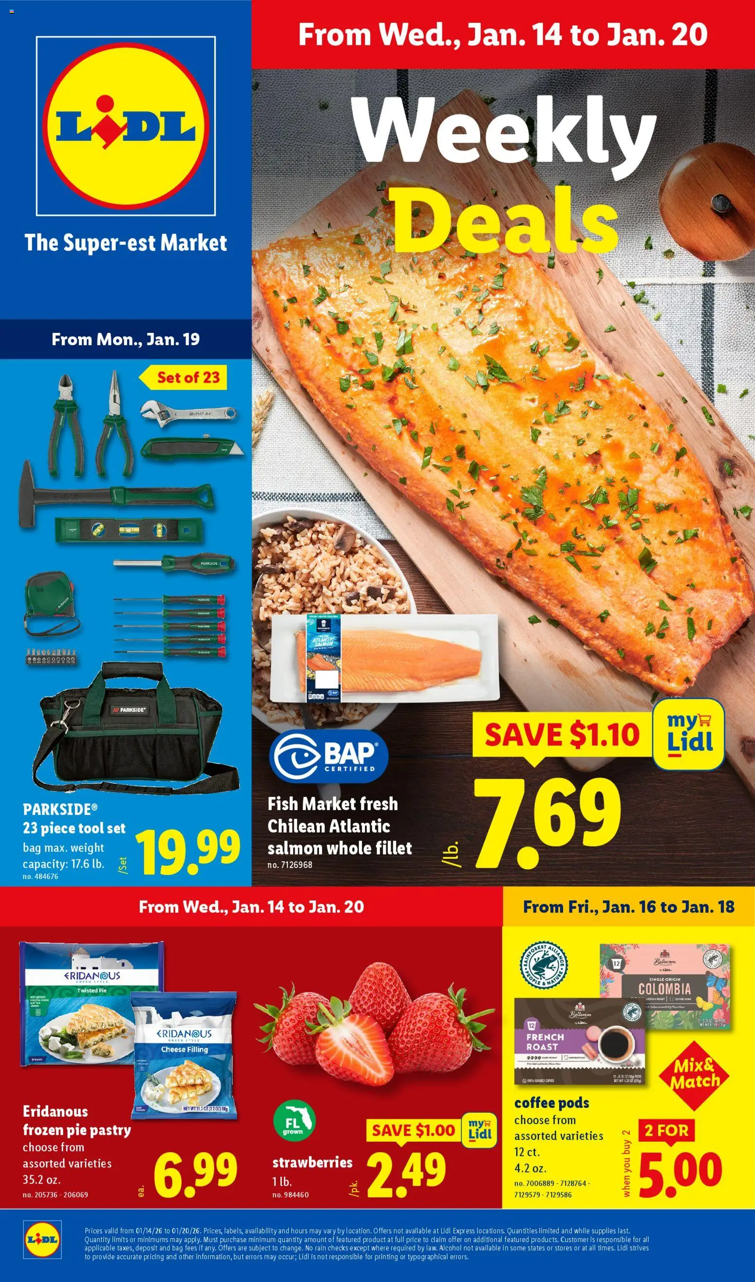 Lidl Weekly Ad - valid from 14.01.2026 | Page: 1 | Products: Cheese, Fish, Strawberries, Bag