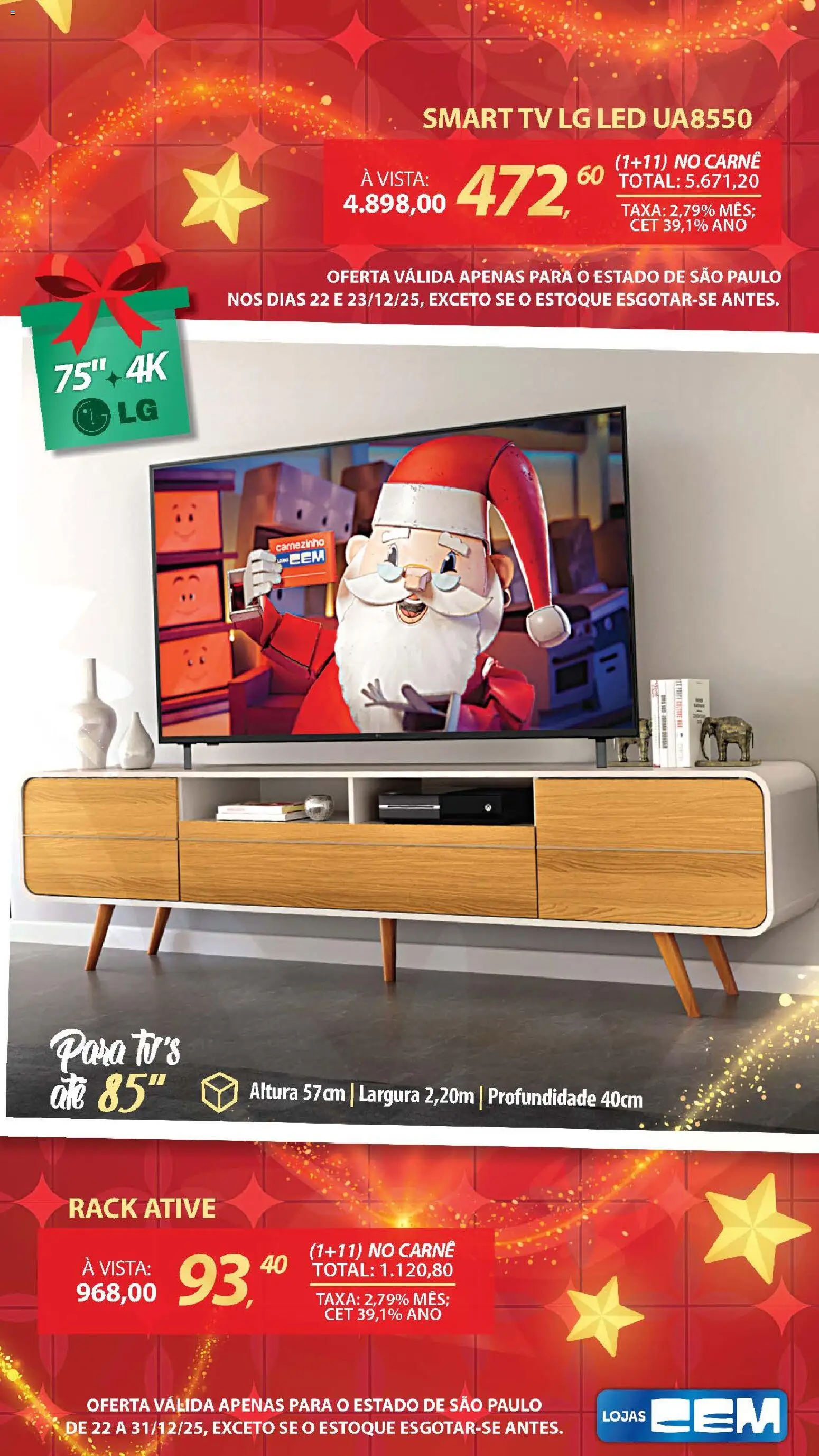 Lojas Cem Folheto - válido de 22.12.2025 | Página: 4 | Produtos: smart TV, Tv, Carne, Rack